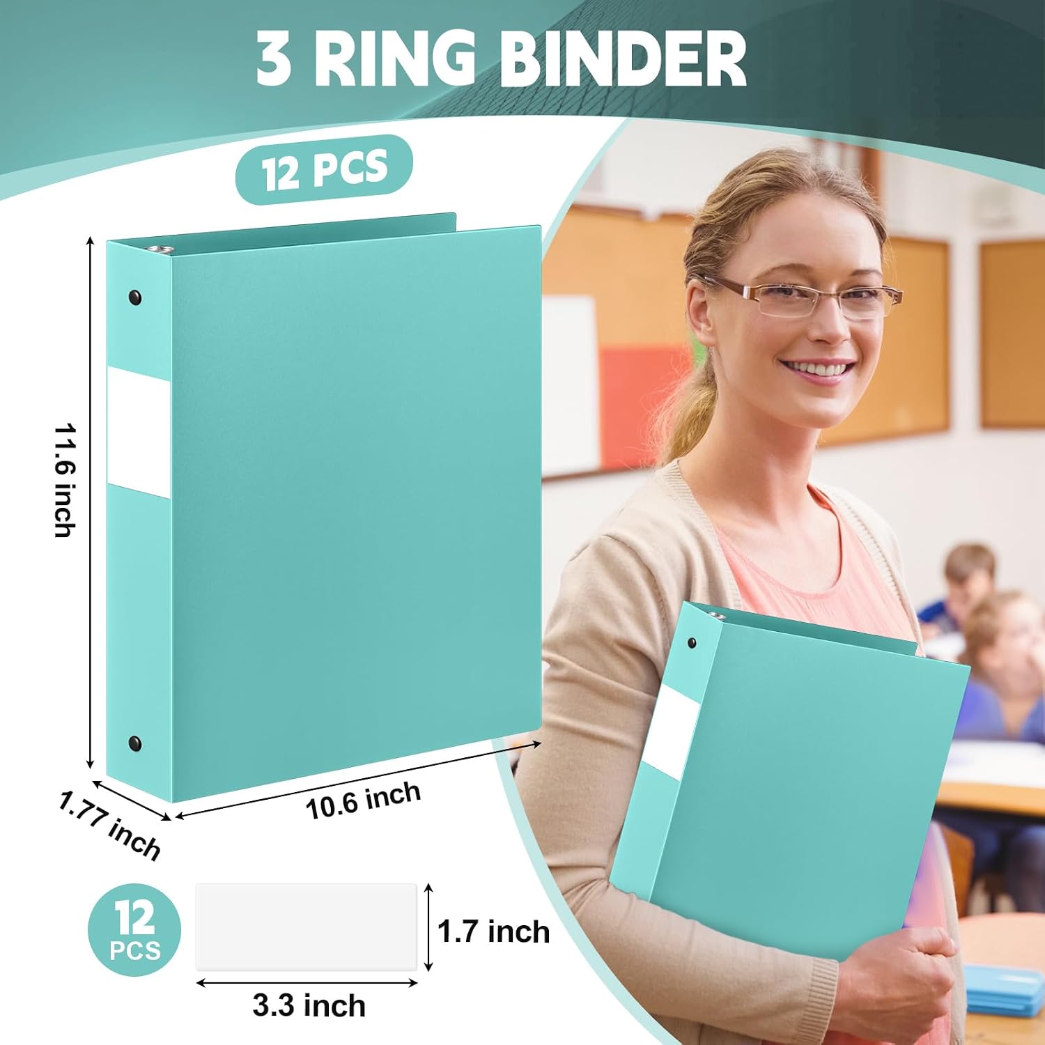 Henoyso 12 Pcs Mint Green 1.5" 3 Ring Plastic Binder Bulk, 1 1/2 Inch Soft Flexible Binders Round Rings, Fits Letter Size 8.5'' x 11'' Paper, Holds 350 Sheets, for School Office (1.5 Inch)