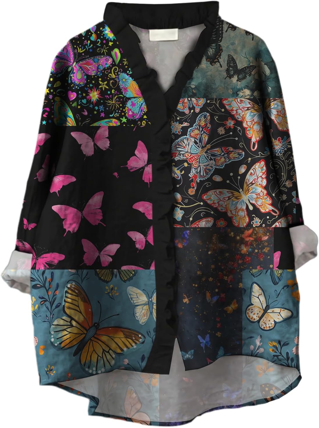 Button Down Shirts for Women Dressy Ruffled V Neck Long Sleeve Tunic Tops Loose Casual Boho Patchwork Print Blouses