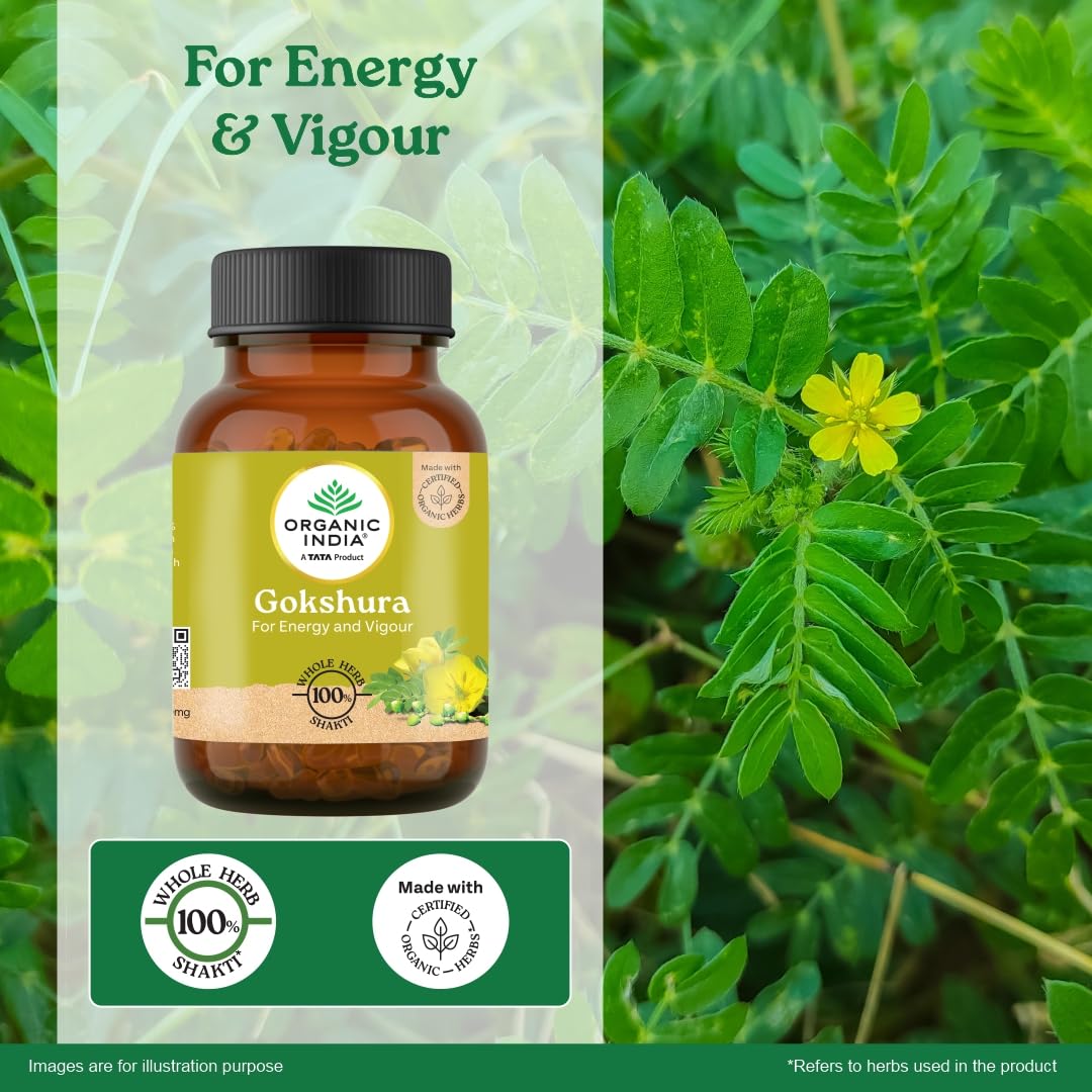 A TATA Product - Organic India Pure Gokshura 60 Capsules,(400mg), Enhance Endurance, Promotes Vitality, Support Men's Wellness & Boost Stamina, GMP & NPOP Certified