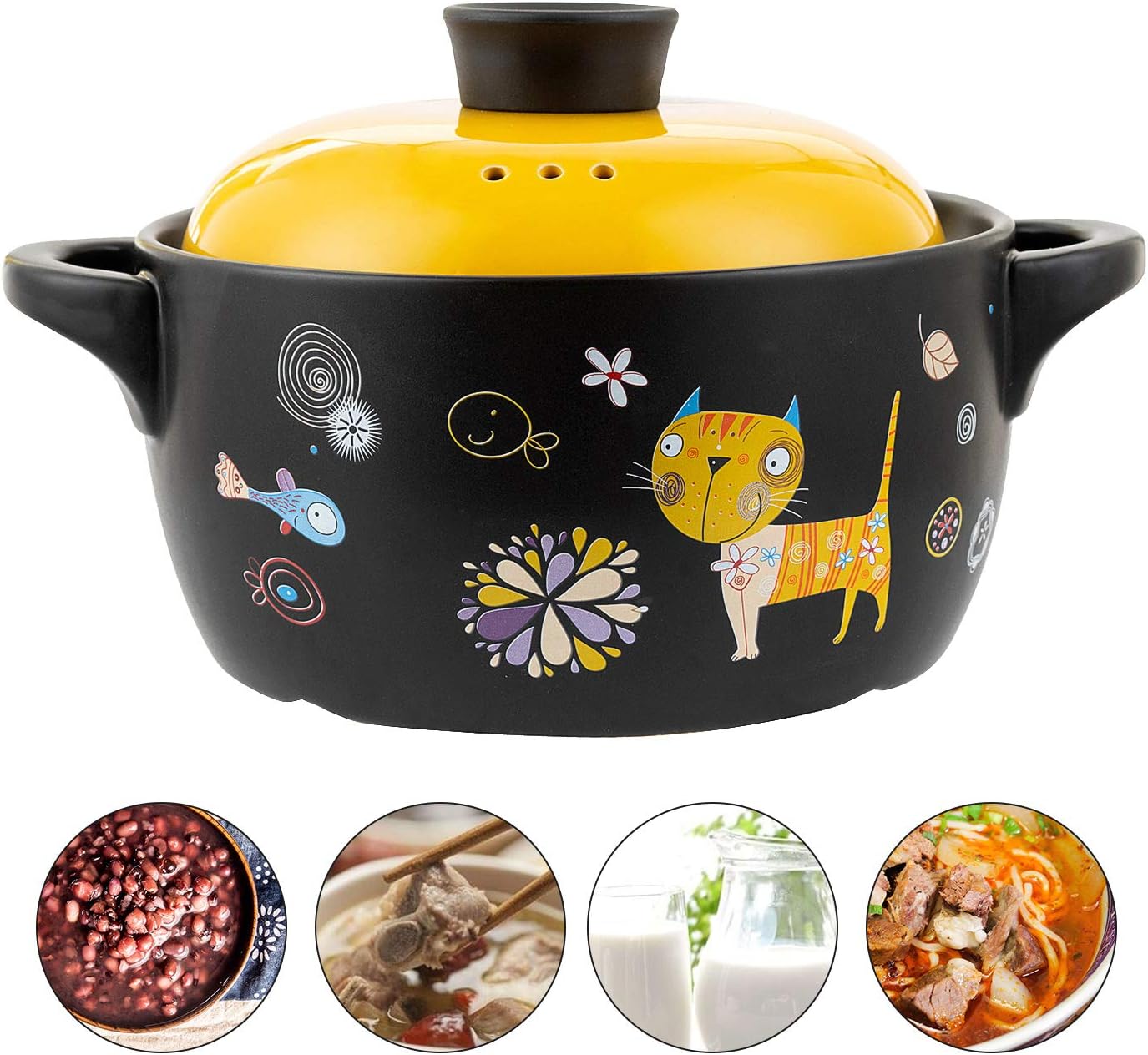 Ceramic Stockpot Clay Cooking Pot Cookware Stovetop, Cartoon Pattern Stew Pot Hot Pot Clay Pots Soup Pot Casserole Cooking Pot 2.6 Quart Yellow Cat