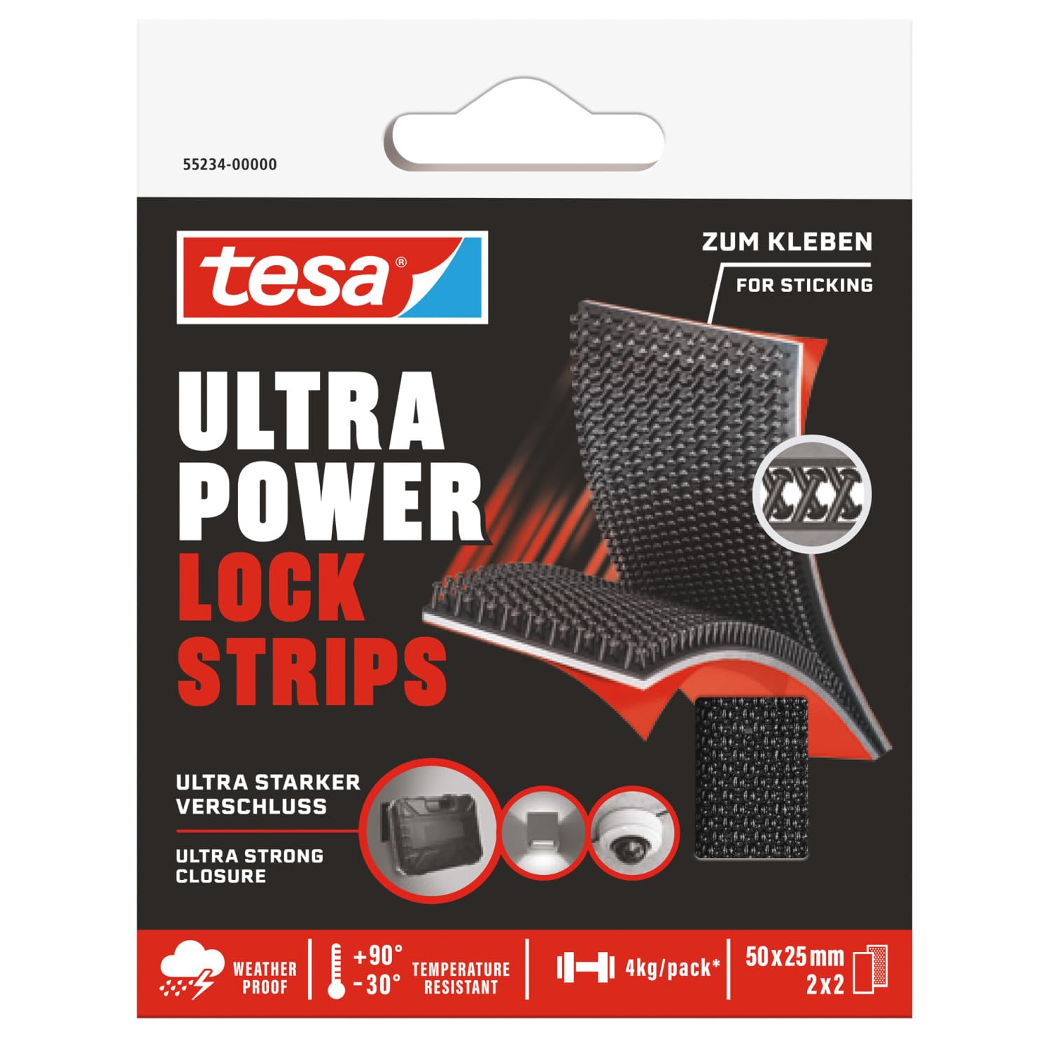 tesa Ultra Power Lock Strips - Self-Adhesive Velcro Tape Strips with Extremely Strong Velcro Fastening - Weatherproof, UV and Temperature Resistant - Tape for Indoor and Outdoor Use - Pack of 4-50 x