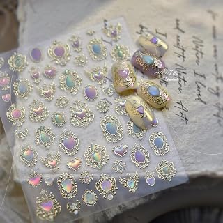 Gold Cat's Eye Nail Stickers 5D Embossed Nail Decals Gradient Love Gem Design Self-Adhesive Nails Supply Nail Art Supplies Manicure Sliders Stickers for Nails Art Decoration 1 Sheet