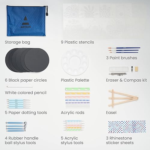Miniatura 2 de Arteza Herramientas de punteado de mandala, 49 piezas, 9 plantillas, 6 círculos de papel negro, 3 pinceles, 3 hojas de calcomanías de diamantes de
