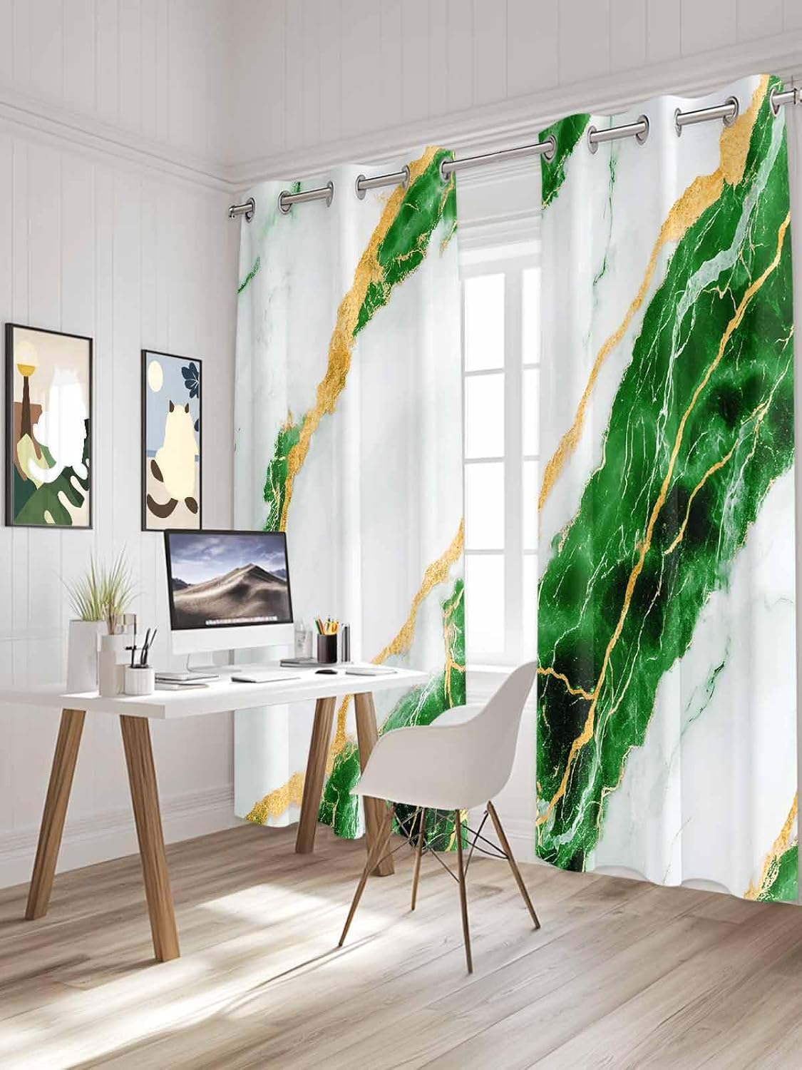 Marble Green Window Curtains Panels with Silver Grommet,Gold Foil Ceramic Style Crack Scratch Kitchen Cafe Curtain Draperies Window Treatment Set for Living Laundry Room/Bedroom/Bathroom/Cafe,84x84
