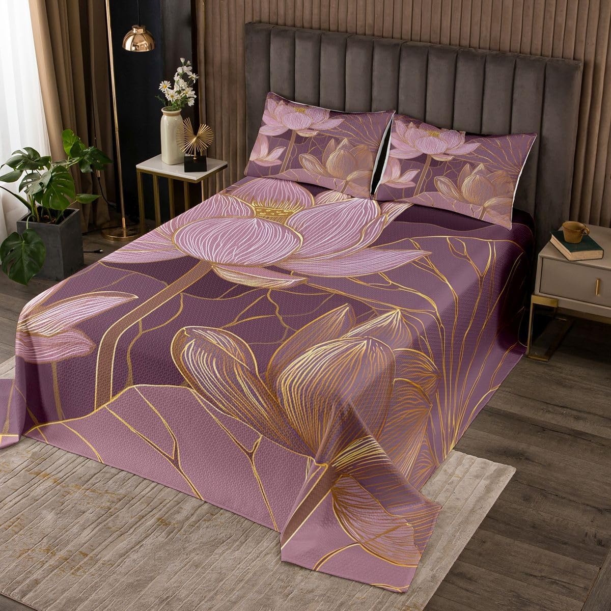 Erosebridal Girly Purple King Quilt Set for Girls Women Abstract Lotus Coverlet Set, Modern Aesthetic Bedding Set Floral Flower Bedspread Set, Oriental Style Bed Quilt for All Seasons