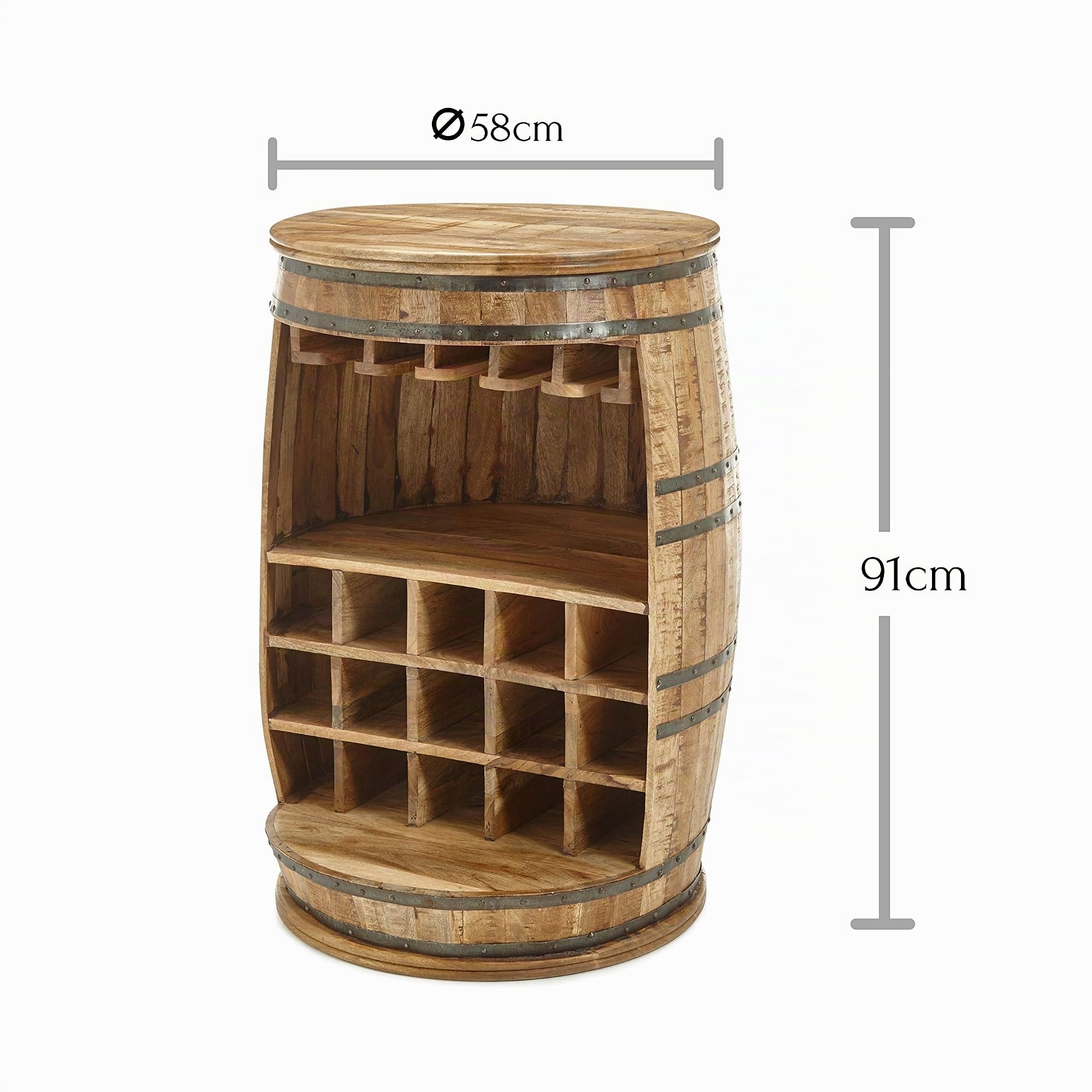 Stella Trading FIASKO Vintage Barile per vino Bar in legno massiccio Mango – Elegante armadietto da bar con ripiano, porta bicchieri e scomparti per bottiglie – 58 x 91 x 58 cm (larghezza x altezza x