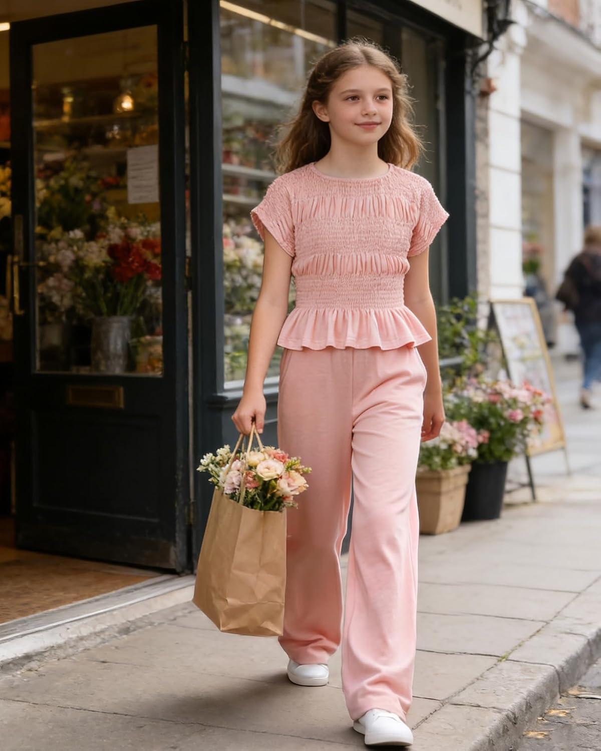 Girls 2 Piece Sets Summer Outfit Ruffled Hem Pleated Top Elastic Waist Pants Solid Color Fashion Clothes 7-16 Years