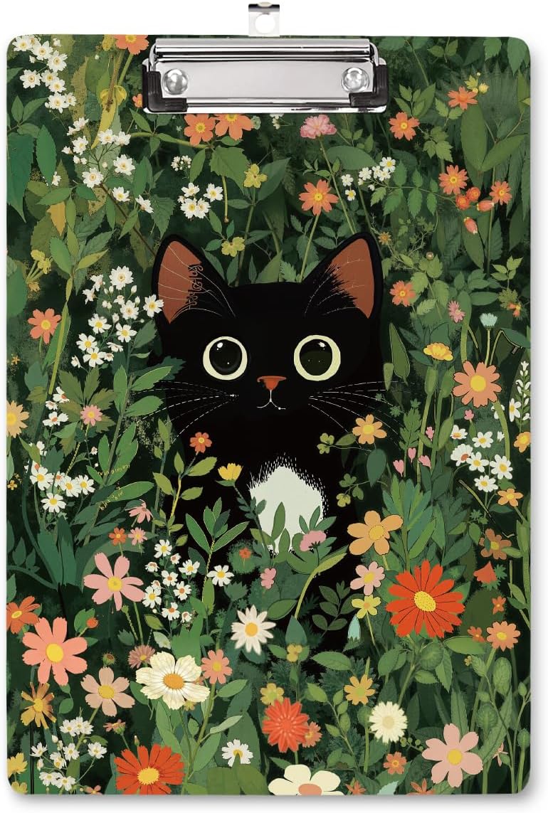 Cute Clipboard, Wooden Hardboard Decorative for Office School Supplies, Fashion Nursing Clip Board with Low Profile Metal Clip, Chic Designed for Standard Size(12.5"x9"),Black Cat Pattern