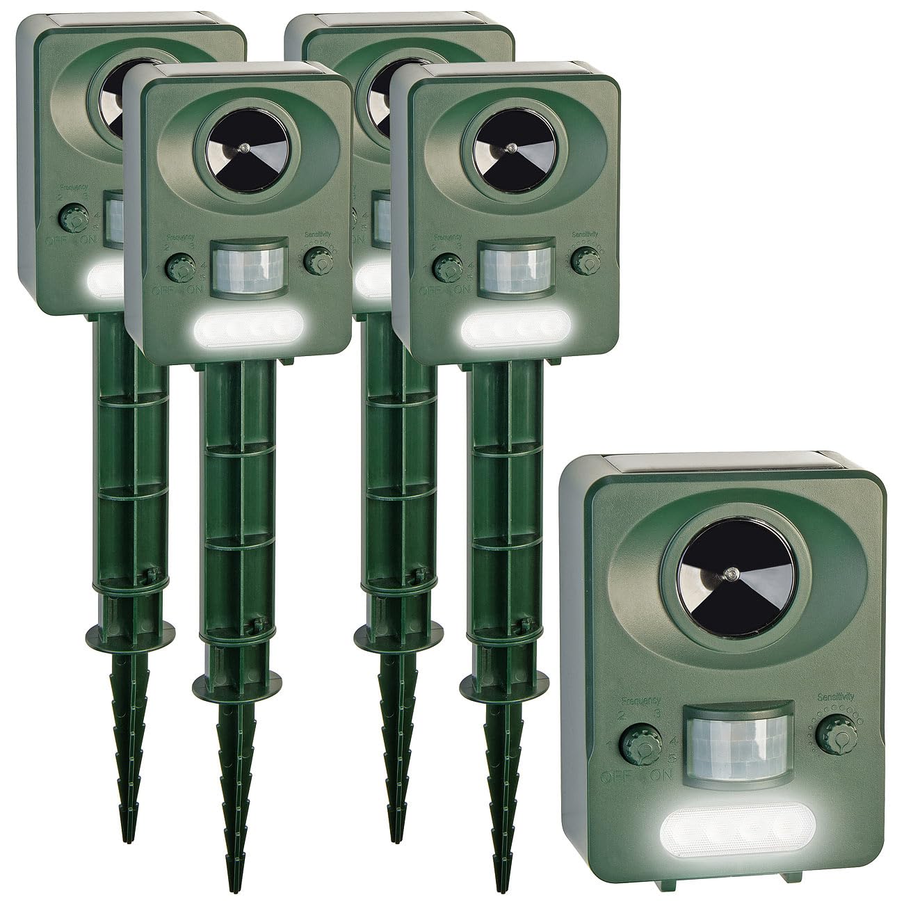 Exbuster Rattenabwehr: 4er-Set Ultraschall-Solar-USB-Tierschreck mit Blitzlicht & PIR-Sensor (Elektrischer Katzenschreck, Solar-Ultraschall-Tierabwehr, Hund)