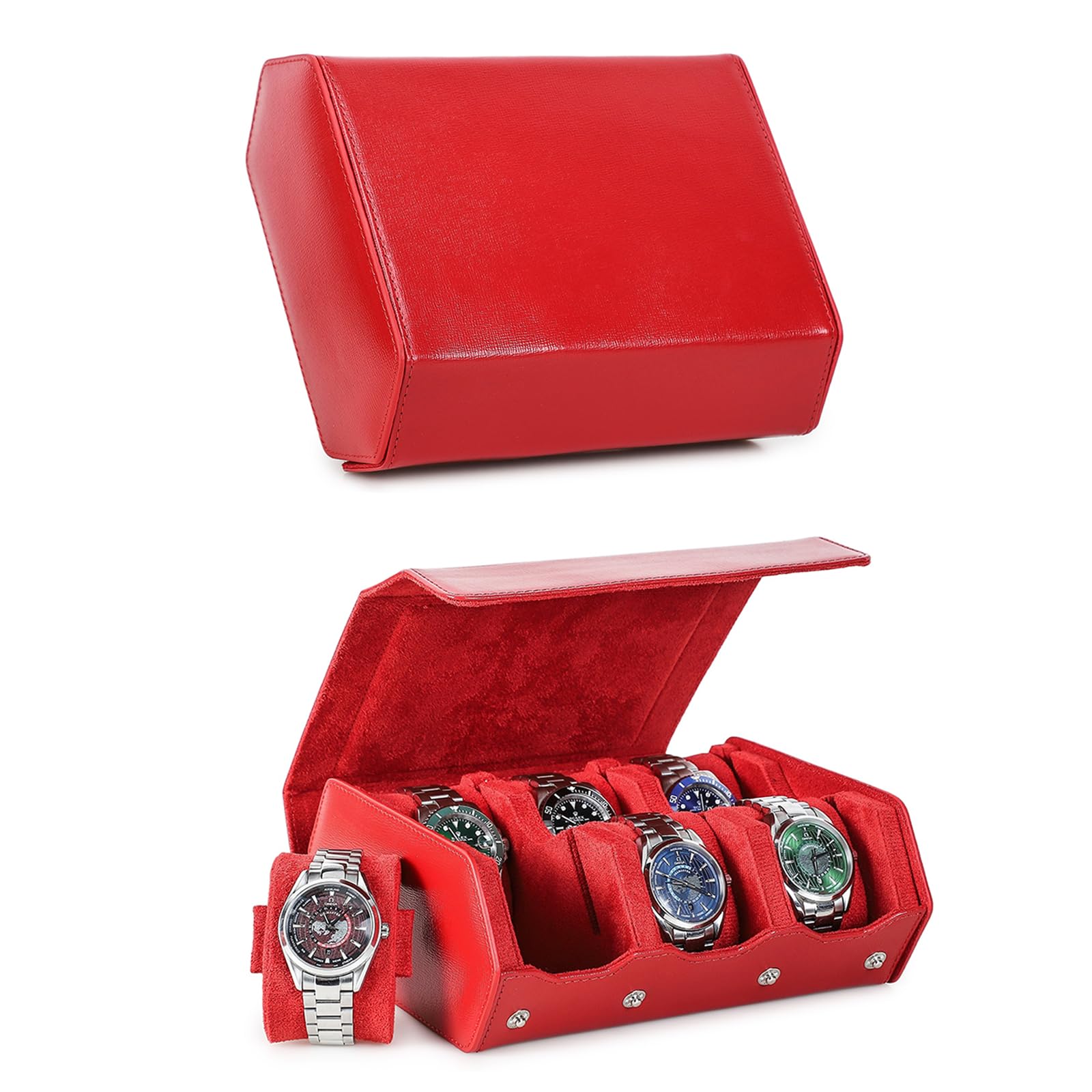 HVMBEUGOS Hiram Hexagon Watch box Genuine Saffiano Leather Watch Case for 6 Watches, Leather 6-Slot Watches Protective Storage Case Watch Display Organizer for Men (Red)