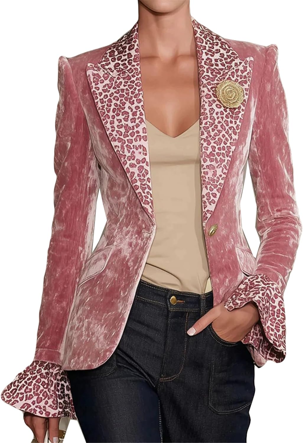 Women's Long Puff Sleeve Lapel V Neck Button Leopard Printed Velvet Coats Blazer Jackets