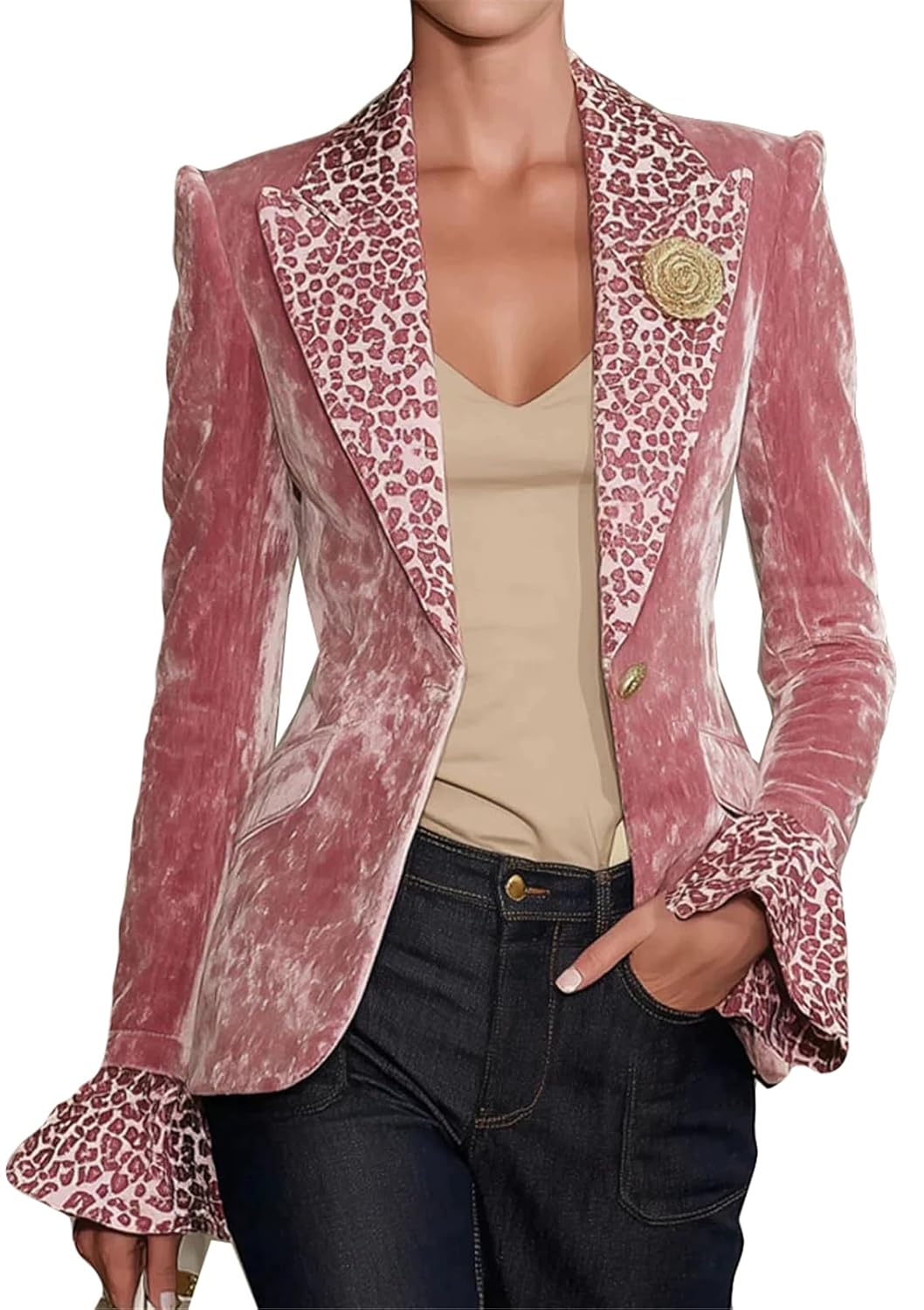 Womens Long Puff Sleeve Lapel V Neck Button Leopard Printed Velvet Coats Blazer Jackets