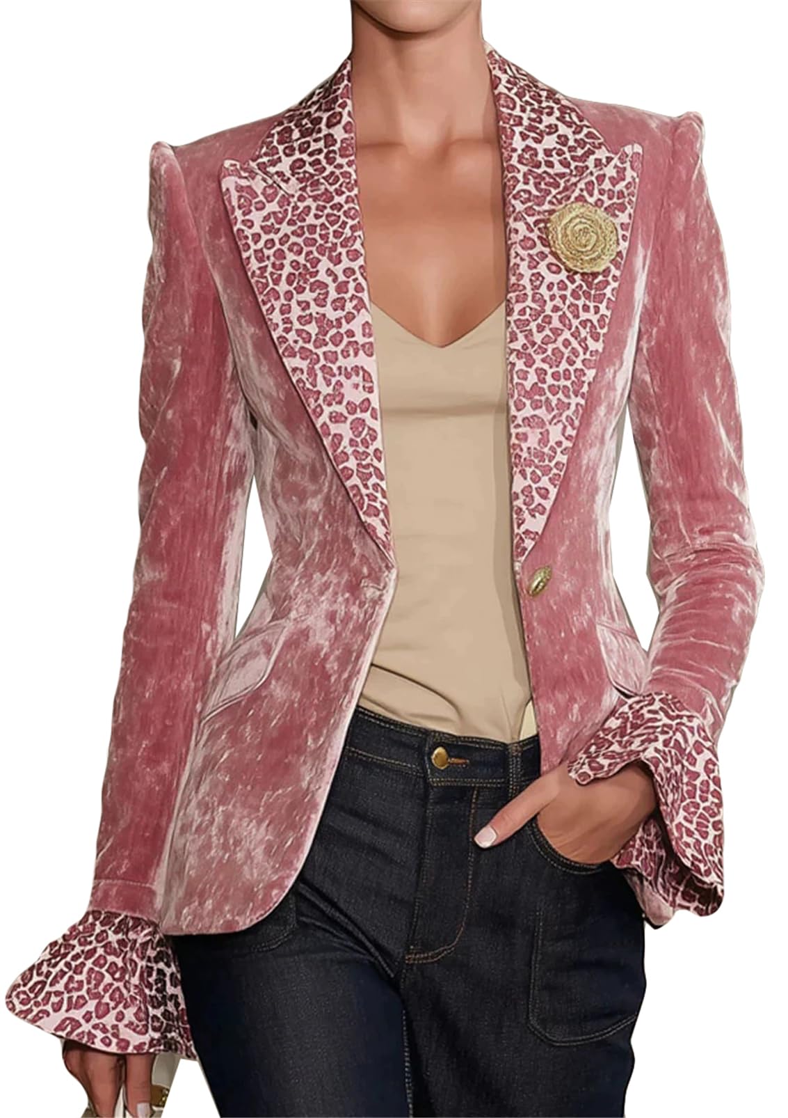 Womens Long Puff Sleeve Lapel V Neck Button Leopard Printed Velvet Coats Blazer Jackets