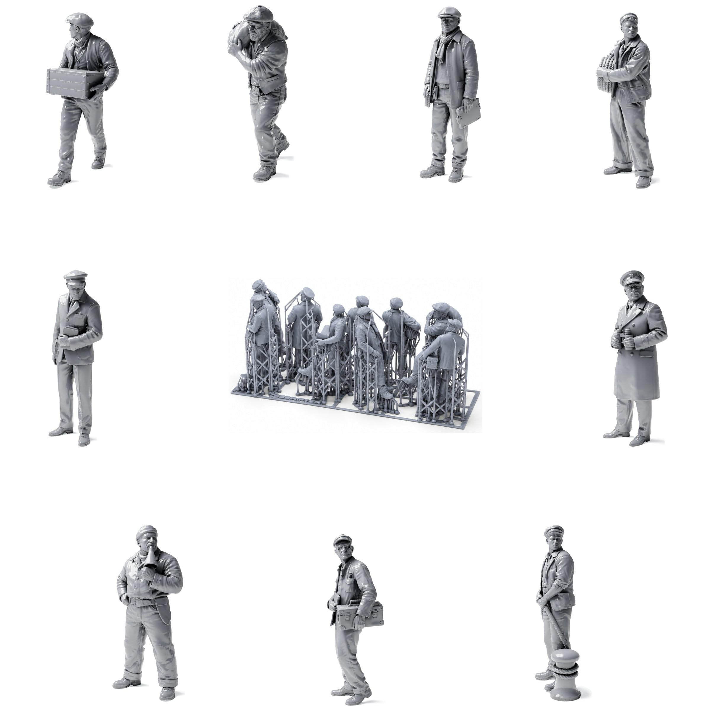 Generisch 3drifter-Miniatures Hafenarbeiter & Seeleute 1:32 (ca. 5,8 cm) – 9 Miniatur-Figuren unbemalt – Diorama & Modellbau