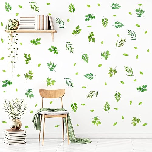 Miniatura 8 de Calcomanías de pared de hojas verdes, calcomanías de pared de hojas de árbol, calcomanías botánicas de hojas de plantas para pared, calcomanías de