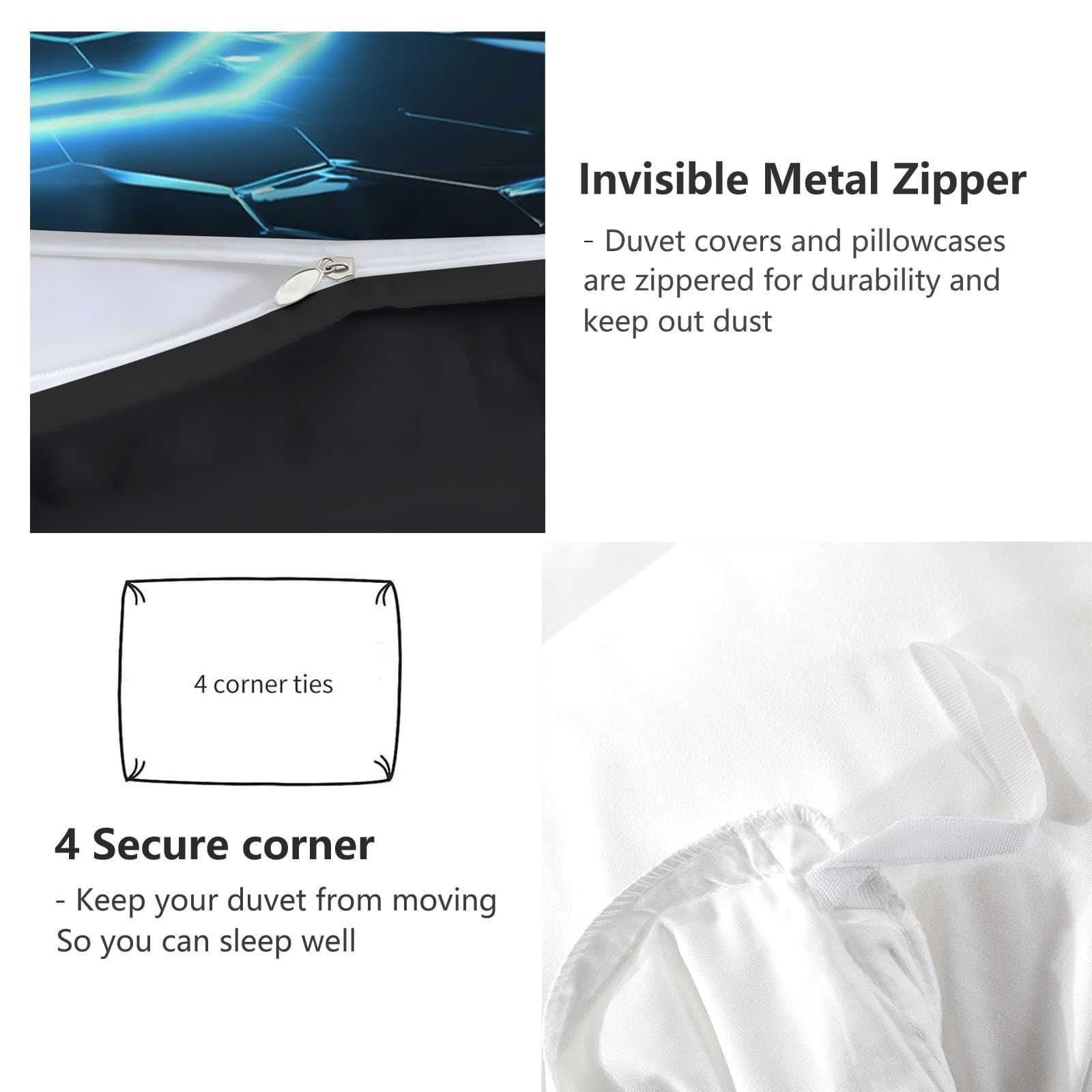 Funda Nórdica 3D Mando Juego Gaming Rejilla Hexagonal 200 x 200 cm - Negro Juego de Cama 3 Piezas para Cama 105 Microfibra Suave con Cierre de Cremallera, para Habitación Adolescente Niño