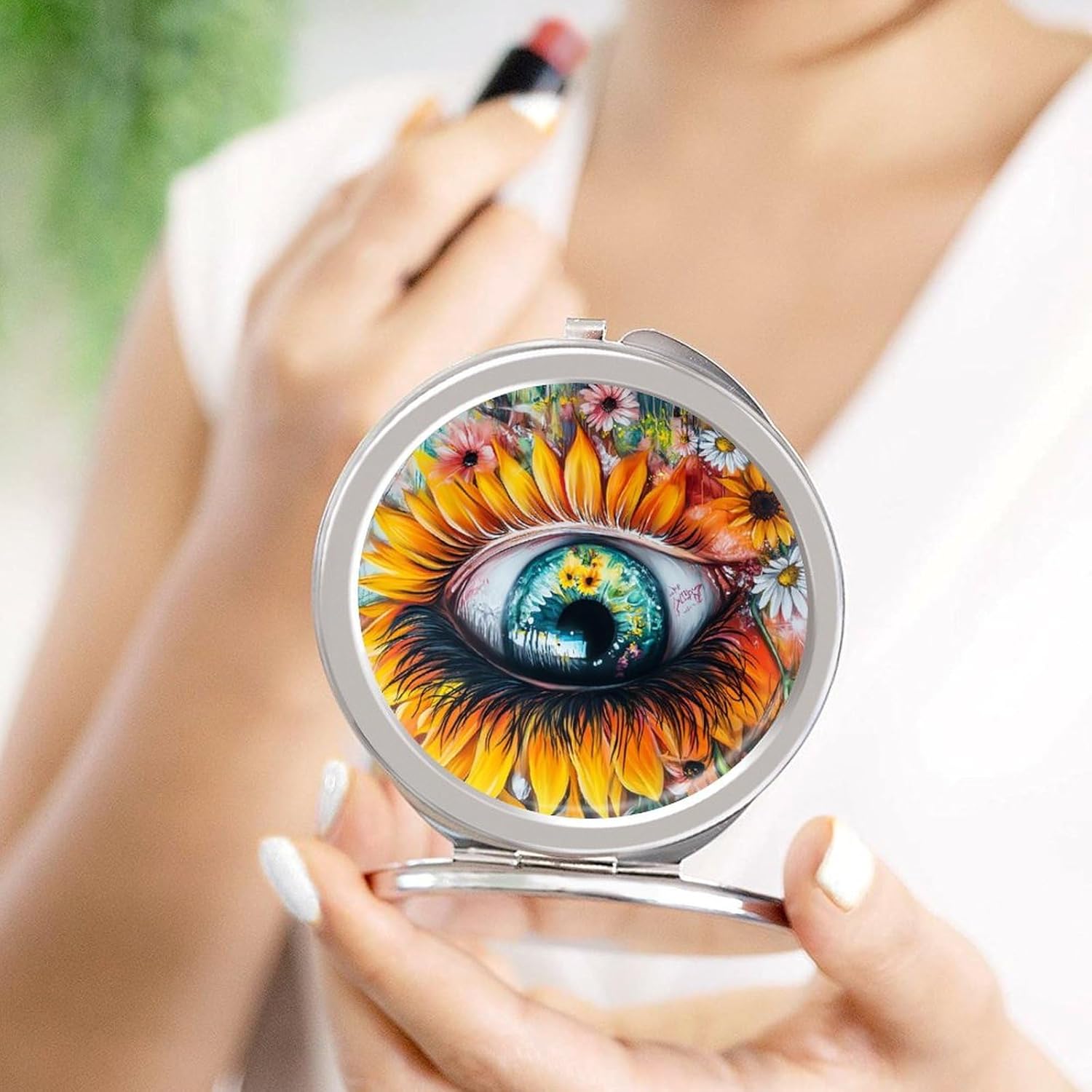 Beatiful Eye Flowers Compact Makeup Mirror Mini Foldable Cosmetic Mirror Portable Travel Mirror for Purse Pocket