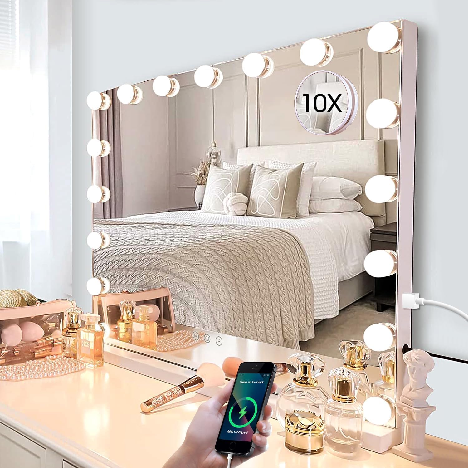 Kottova Vanity Mirror with Lights, 24.4″x21.2″ Lighted Makeup Mirror with 3 Dimmable Color Modes,17 LED Hollywood Mirror with Touch Control, USB Charging Port, Tabletop & Wall-Mounted (White)
