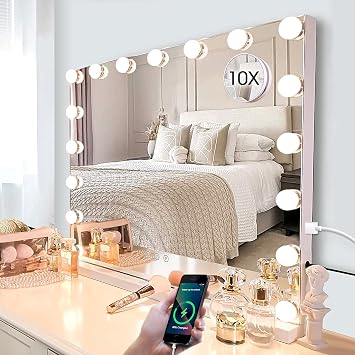 Kottova Large Vanity Mirror with 17 Dimmable LEDs, Hollywood Vanity Makeup Mirror, 3 Color Lights, USB Charging Port, Lighted Mirror, Removable 10x Spot Mirror, Touch Control, 24.5" x 21.2", White