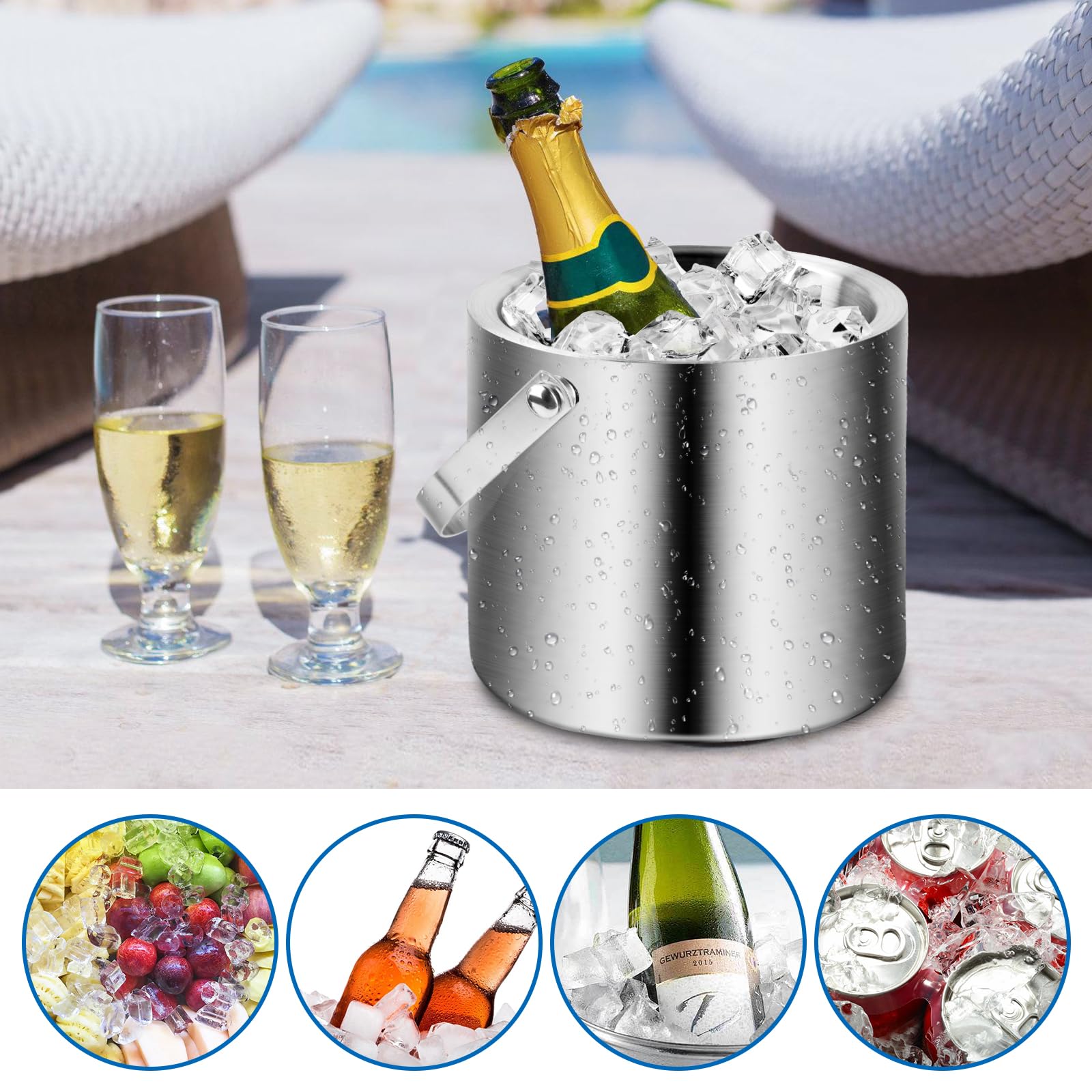 Seau à glaçons Isotherme 3L, Seau a glacon Isotherme en Acier Inoxydable Double paroi, Seau à Champagne avec Pince et Pelle, Seau glacon pour Bar fête Maison