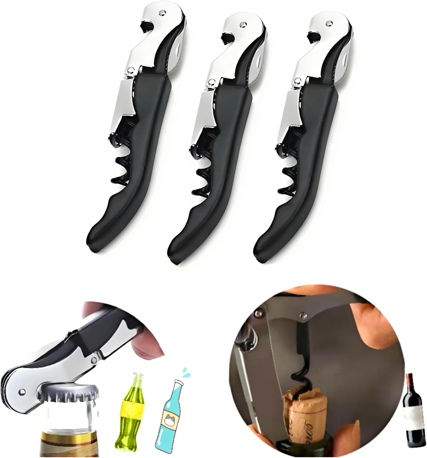3 Sets Multi-function Wine Bottle Openers/Beer Bottle Openers, Professional Waiter Corkscrew Wine Openers(Black)