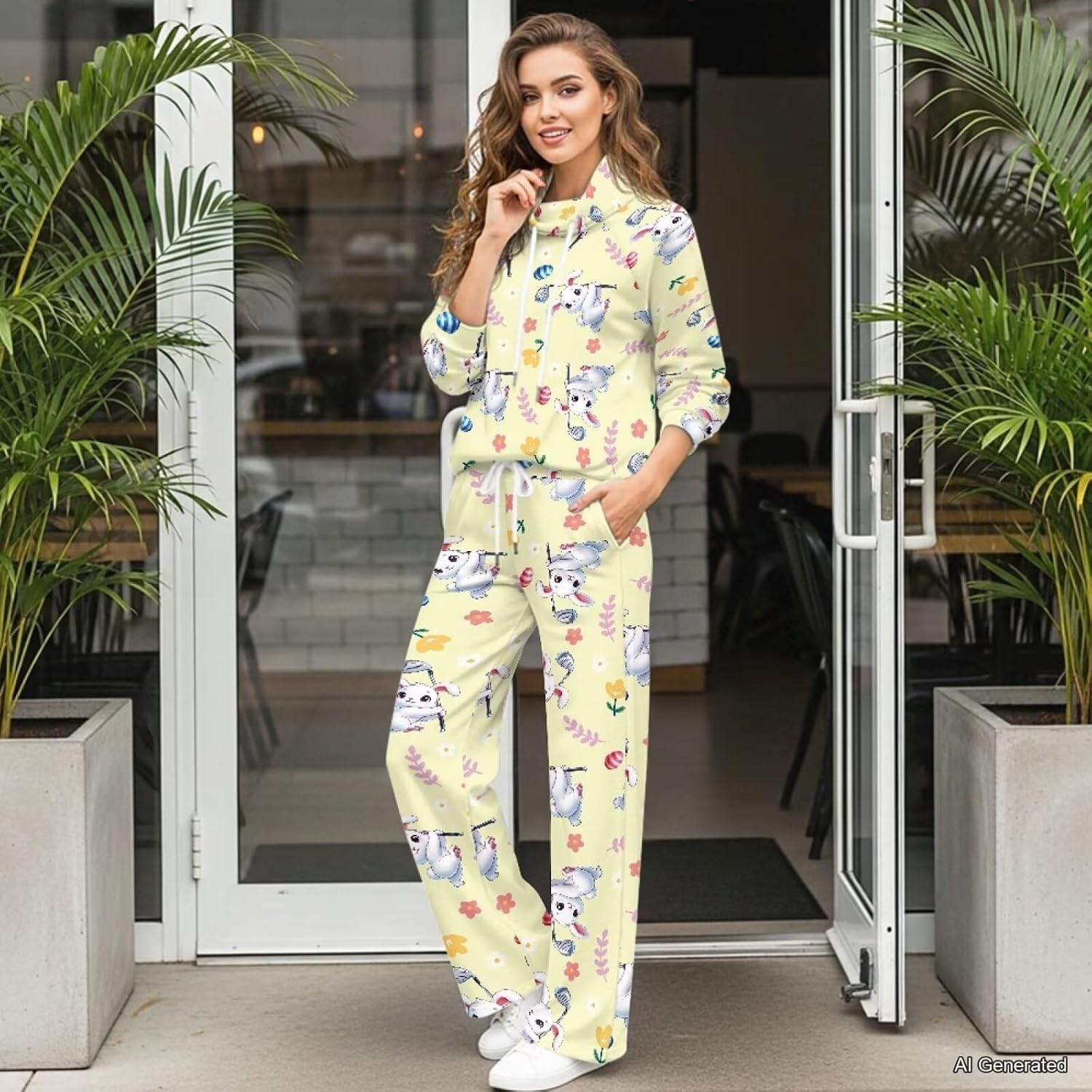 Womens Sweatsuits 2 Piece Set Loose Mockneck Top and Wide Leg Sweatpants with Pockets Track Suit Matching