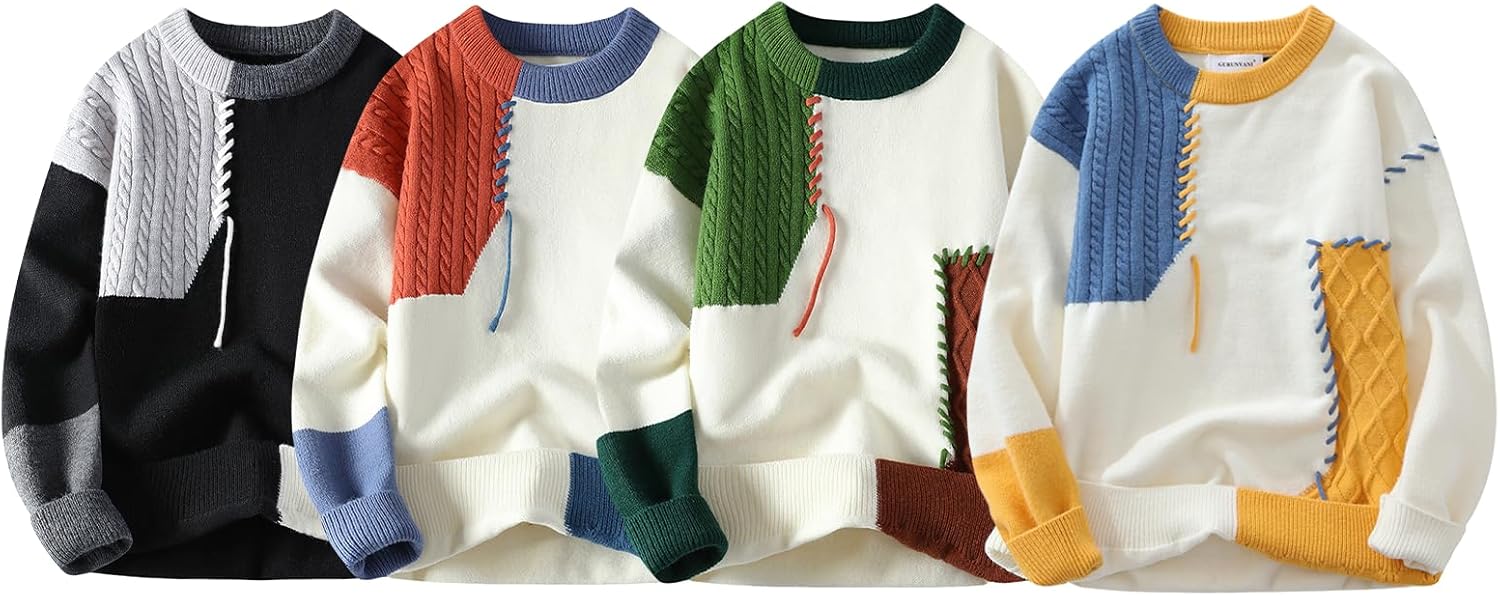 GURUNVANI Patchwork Sweater Mens Colorblock Jumper Cable Knitted Pullover Oversized - Image 4