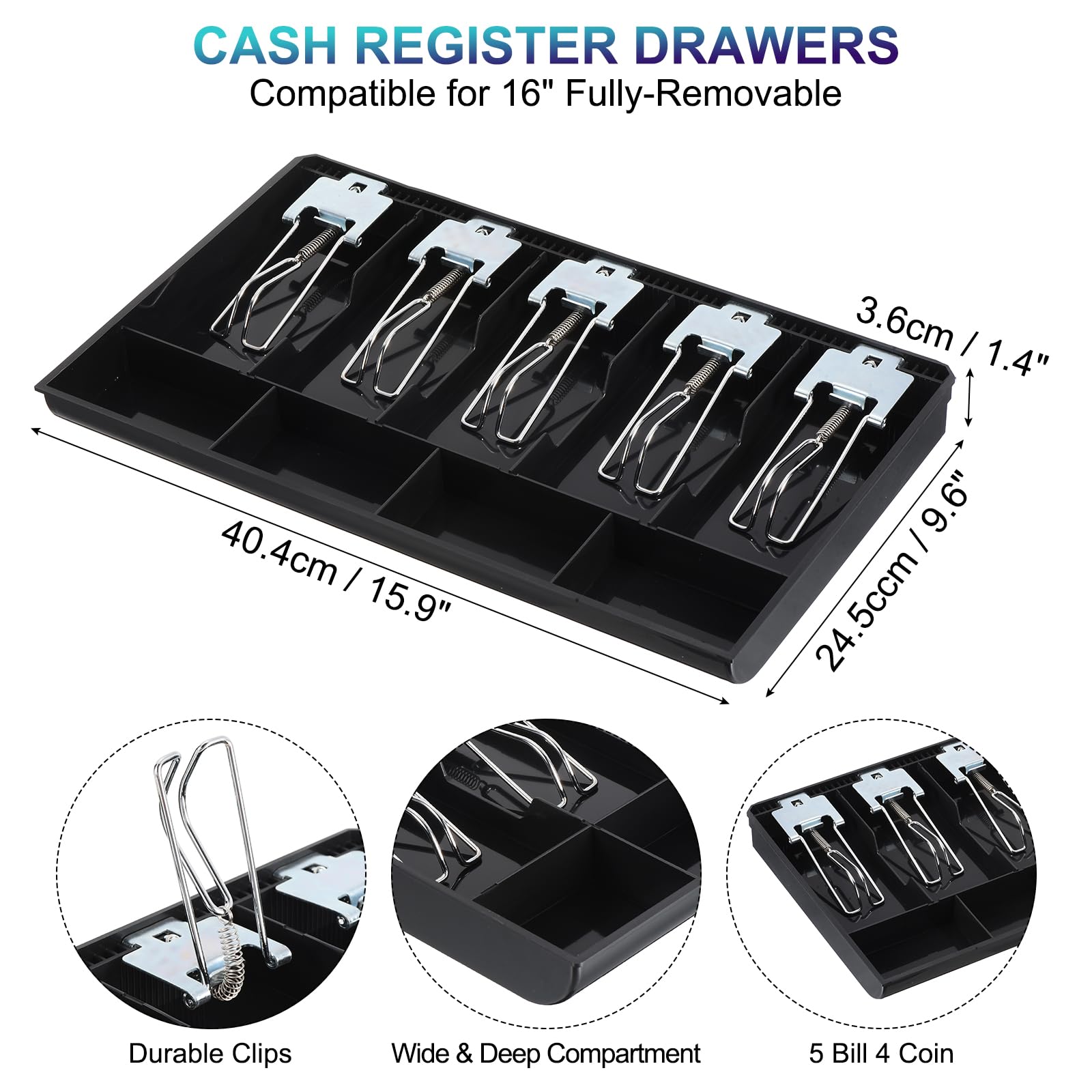 PATIKIL Tiroir à monnaie pour petites entreprises, plateau pour le remplissage de l'argent – 5 billets/4 pièces de monnaie, 40,6 cm – Tirelire avec clip en métal pour entreprises, registres et salle