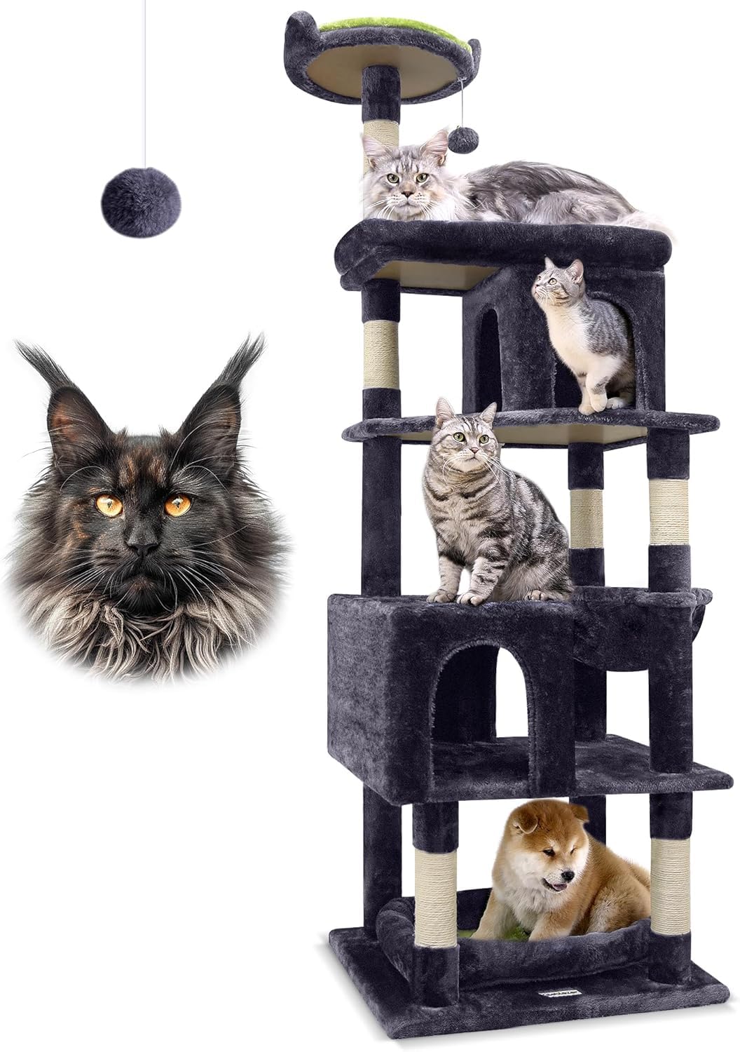 Globlazer Kratzbaum Groß Hoch 183 cm mit Katzenhaus Groß Plattform Korb Sitzstangen Bett Plüsch Katzenspielzeug, Katzenbaum Stabil für Große Katzen Maine Coon Britisch Kurzhaar (S72, Dunkelgrau)