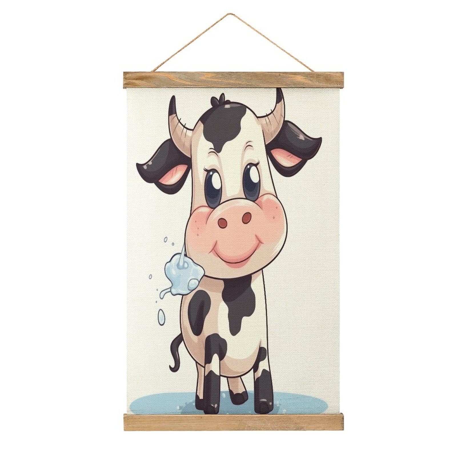 JTREHY Cartoon Milk Cow Linen Hanging Painting Vintage Poster Wall Art Prints Personality Style Wall Hanging Poster for Living Room Office Bedroom Decor Frame 13.2 X 20.47 Inch