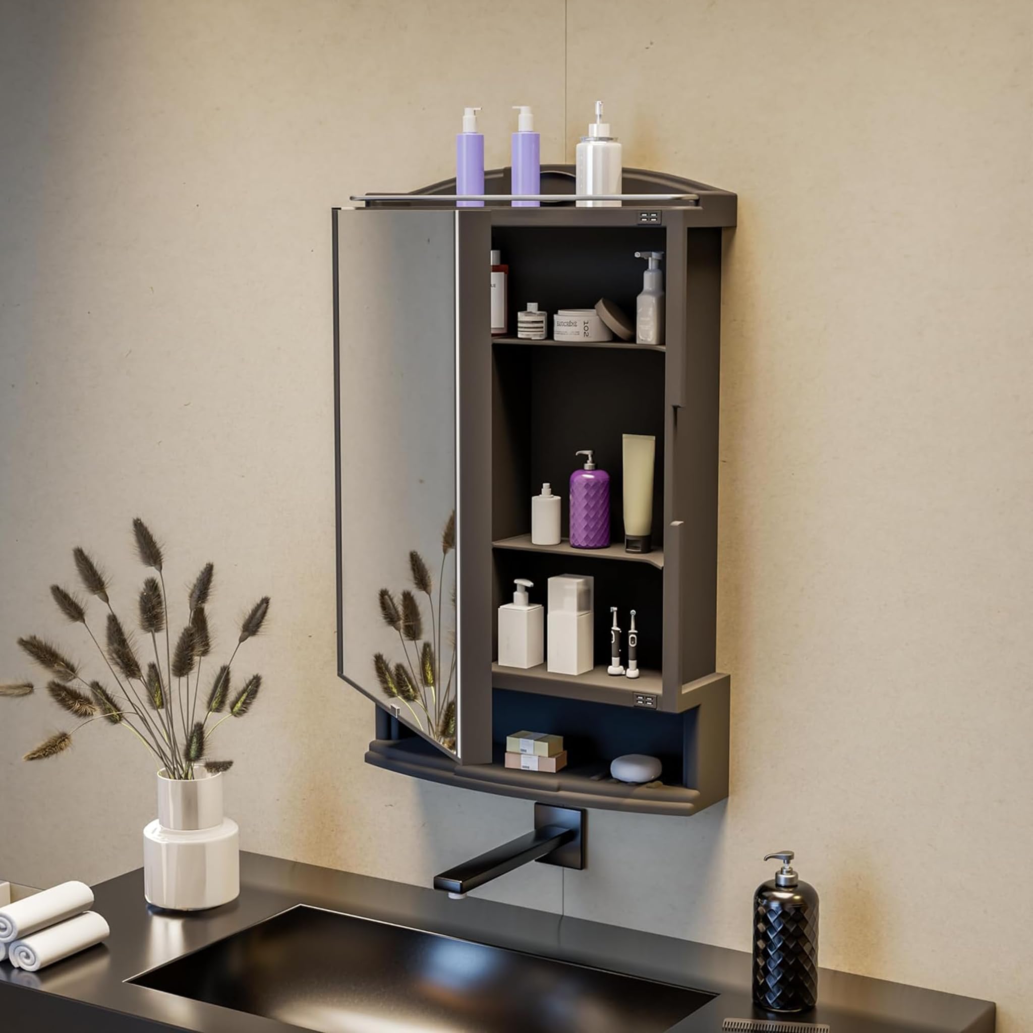 TEX-RO Bathroom Mirror Cabinet for Wall with Storage | Plastic Wash Basin Mirror Cabinet | Wall Mount Organizer with Shelves & Toothbrush Holder | PPCP Bathroom - Black-image-35
