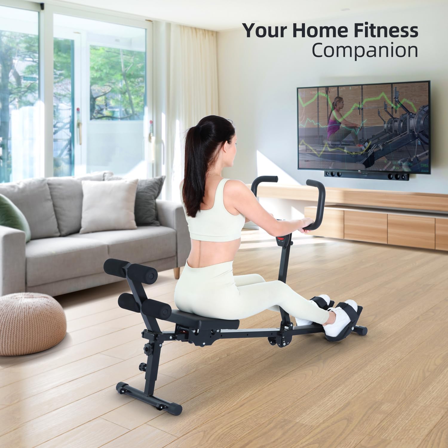 Rudergerät für Zuhause, Sportneer Hydraulisches Rudergerät klappbar mit 12 Widerstandsstufen, Fitnessgerät für Zuhause, Bauchtrainer mit U-Griff & Rückenlehne, bis zu 135 kg belastbar