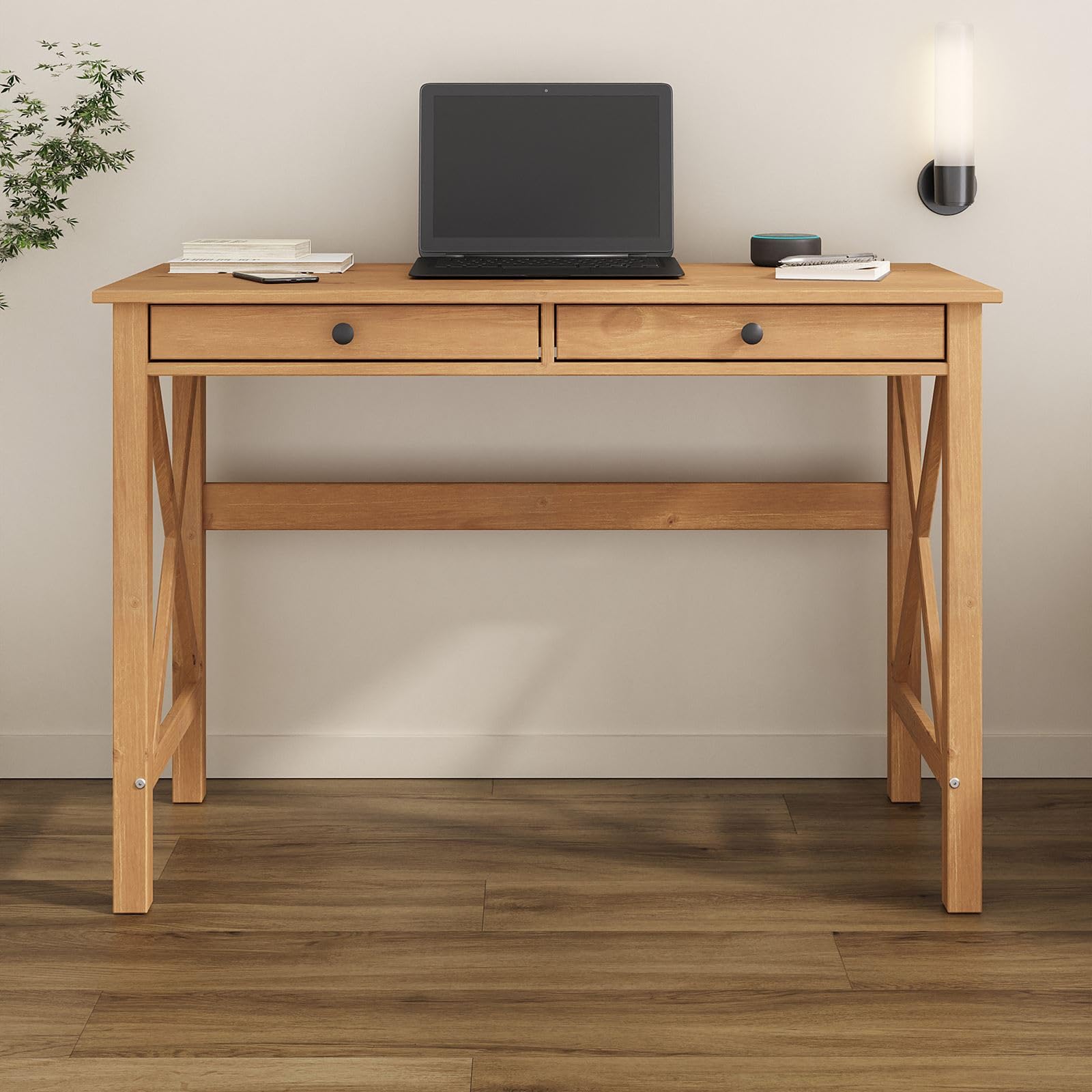 IDIMEX Bureau en Bois Adrian L 110 cm avec Deux tiroirs en Bois Massif Coloris chêne avec Rangement élégant et Pratique, poignées Noires idéal pour télétravail et Petits espaces