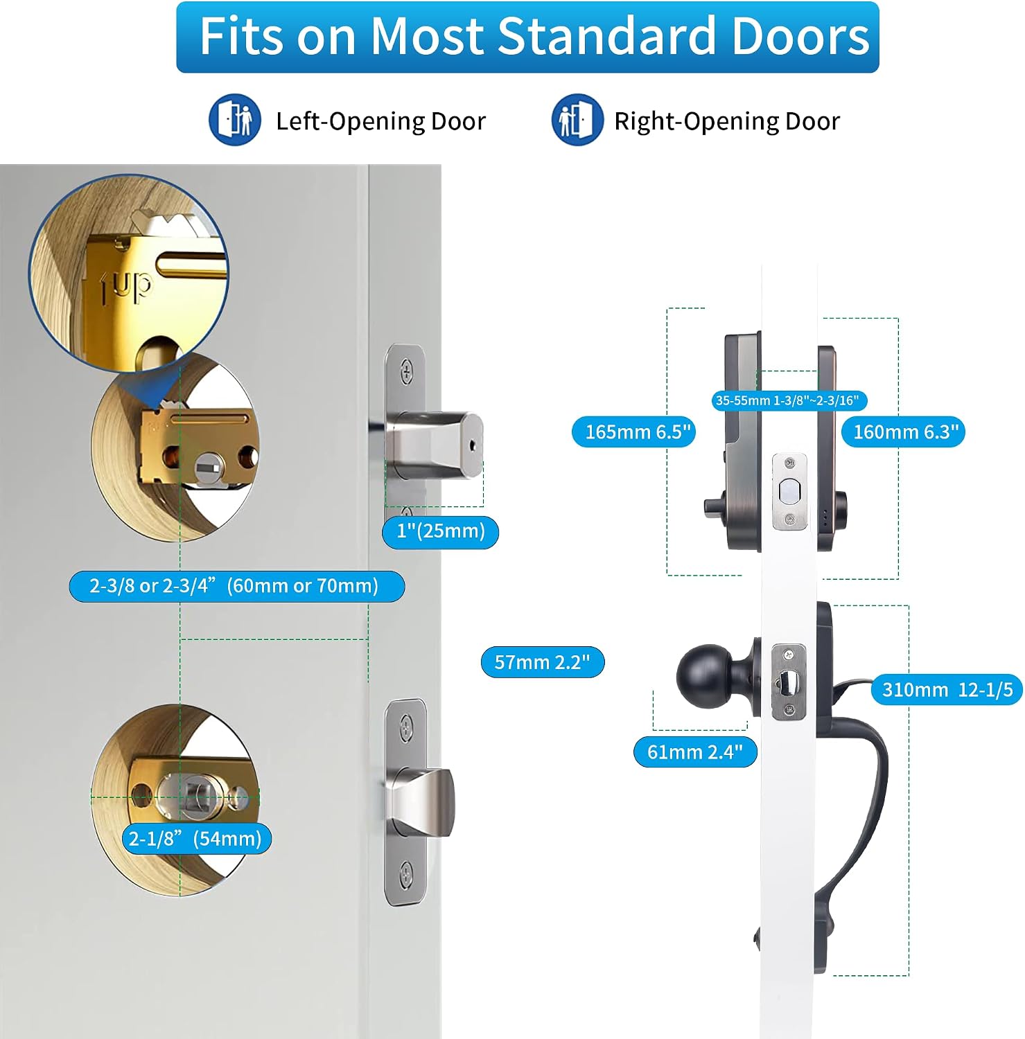 Diagram showing door dimensions and lock compatibility