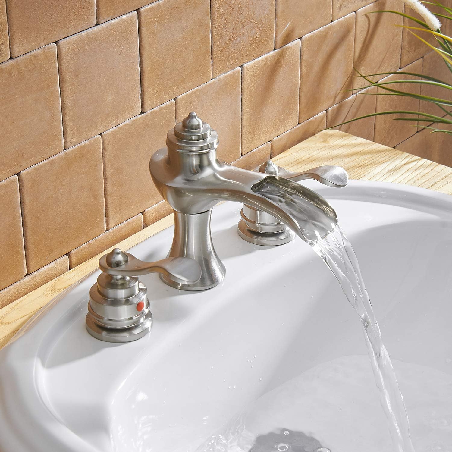 Weekly Top Sale BWE Widespread Waterfall Bathroom Faucet 3 Hole Brushed Nickel with Pop Up Drain with Overflow Assembly and Supply Hose 2 Handle 8 Inch Spread Vanity Sink Basin Faucets Lead-Free