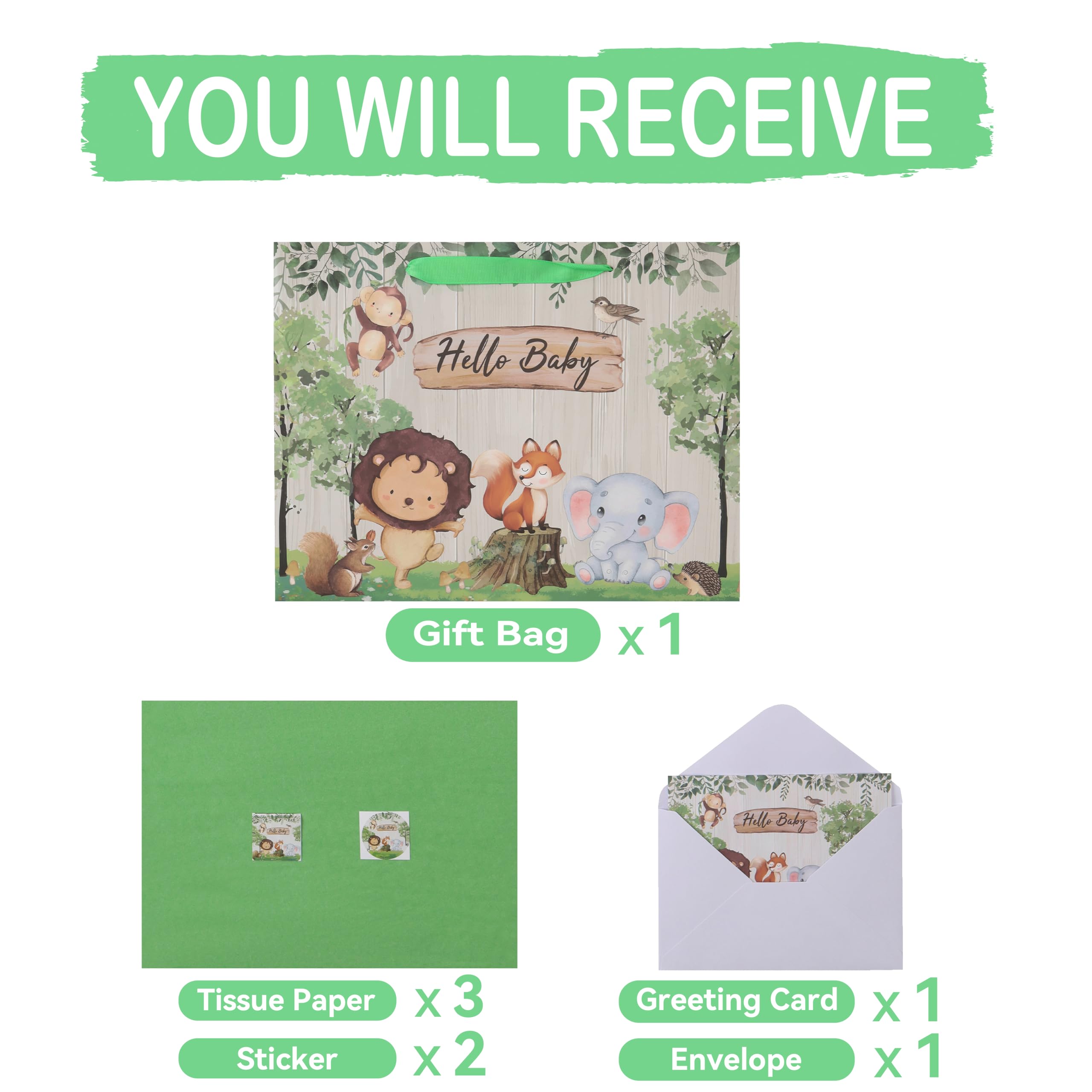 13'' Large Baby Boy Girl Gift Bag Set with Handles, Greeting Card, Green Tissue Papers and Stickers for Birthday, Baby Shower, Newborn, New Moms, Woodland Animals Design, 1 Pcs