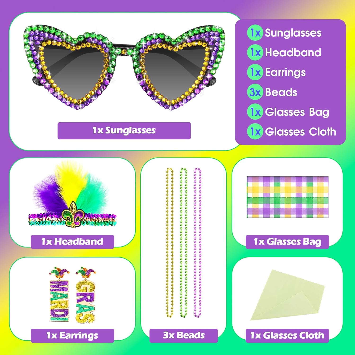 7PCS Mardi Gras Accessories Set for Women, Heart-Shaped Sunglasses, Feather Glitter Headband, MARDI GRAS Earrings & Bead Necklaces, Mardi Gras Outfit Gifts Decorations Carnival Party Favors - Image 2