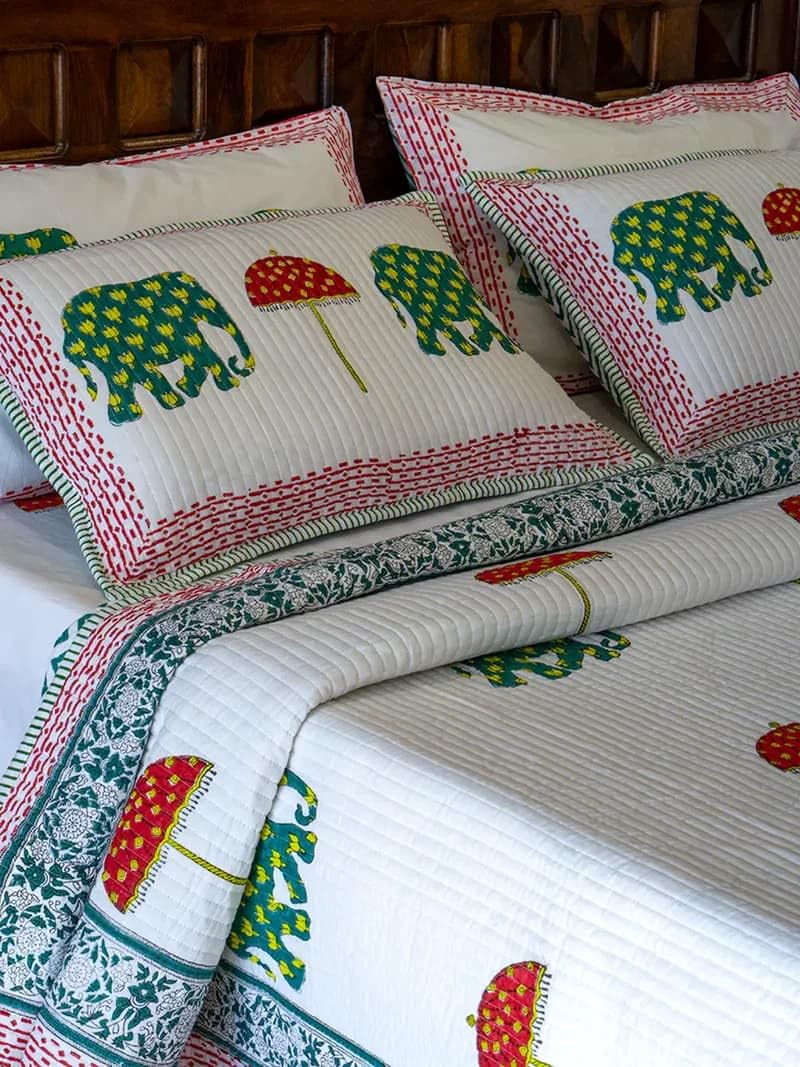 Haathi Umbrella Cotton Bedspread, Hand Block Printed, 3-Piece Set, 100% Cotton (Super King, 274x 274 cm)-image-18
