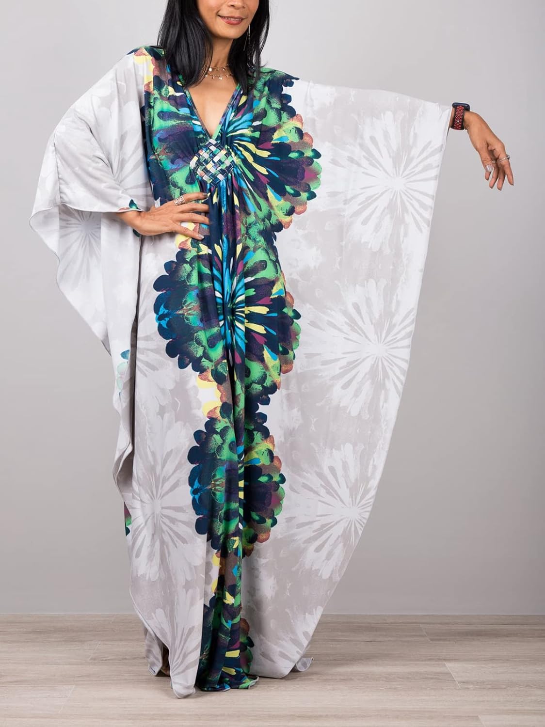 Beach Cover ups Women's Fireworks kaftan Turkish caftan Silk Wrinkle Et`hnic Print Plus Size kaftans Floral Print Batwing Sleeve Over Sized Caftans Lounge wear Maxi Beach Dress 8693-21