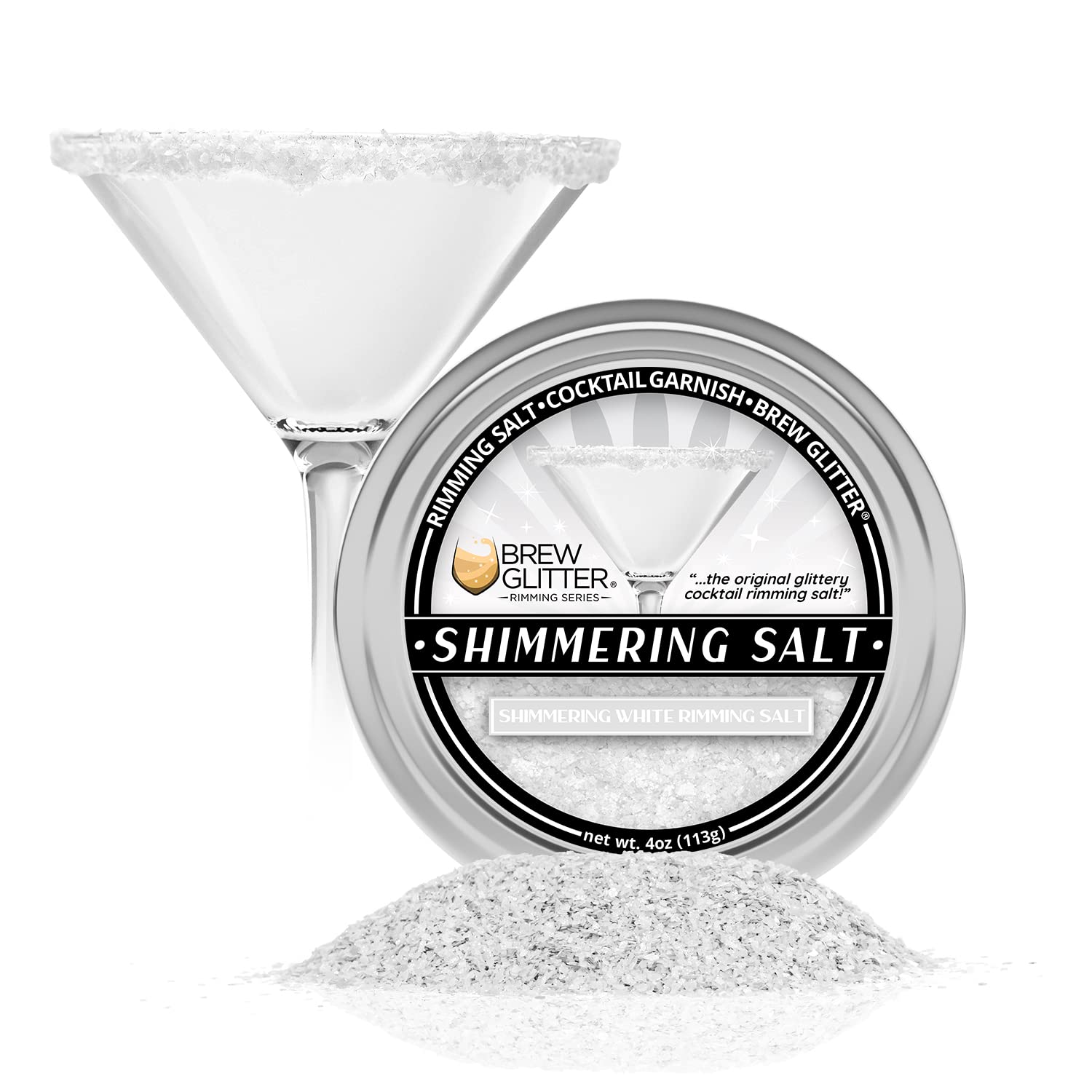 Brew Glitter - Shimmering White Rimming Salt (4oz, 1x Bar Tin) Edible Glitter Blended Cocktail Garnish for Mixed Drinks and Beverages