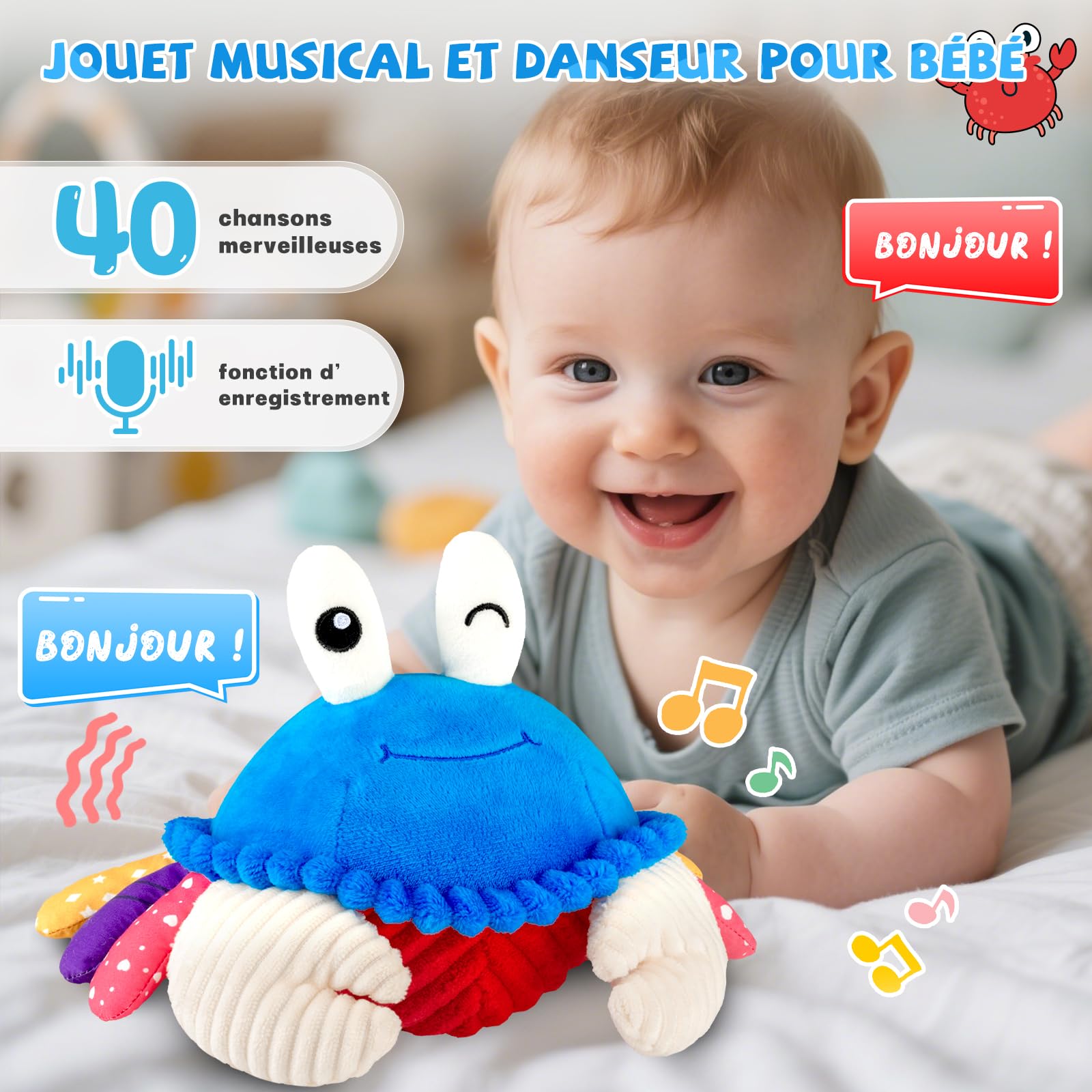 SAIMAND Jouet Bébé 6-18 Mois – Peluche Crabe Musicale Interactive avec Enregistrement, Jouet d’Éveil pour Tummy Time, Jeu Sensoriel Bébé, Cadeau Garçon Fille 1 2 3 Ans (Bleu)