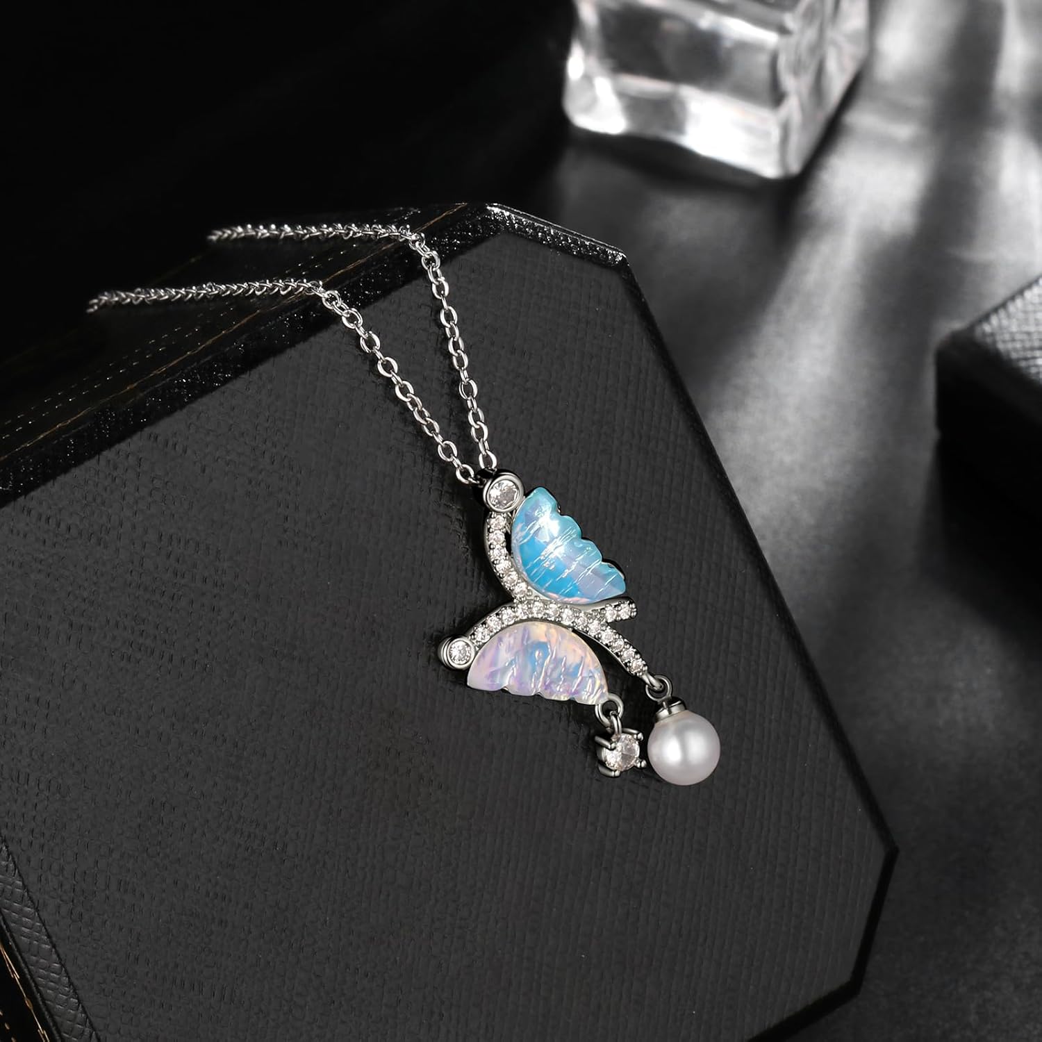 Women Elegant Butterfly Pendant Necklace, Crystal Pearl Drop, Blue White Opal, Silver Gold Chain, 15+2 Inches Adjustable - Image 3
