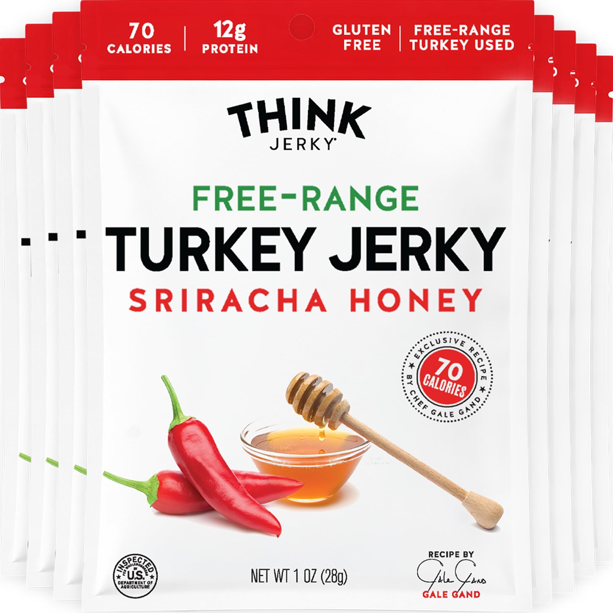 Think Jerky Sriracha Honey Turkey Jerky, High Protein Free-Range Turkey, Gluten Free, No Antibiotics or Nitrates, Healthy Chef Crafted Recipe, Low Calorie and Low Fat - 1.0 oz Bags, 12 Pack