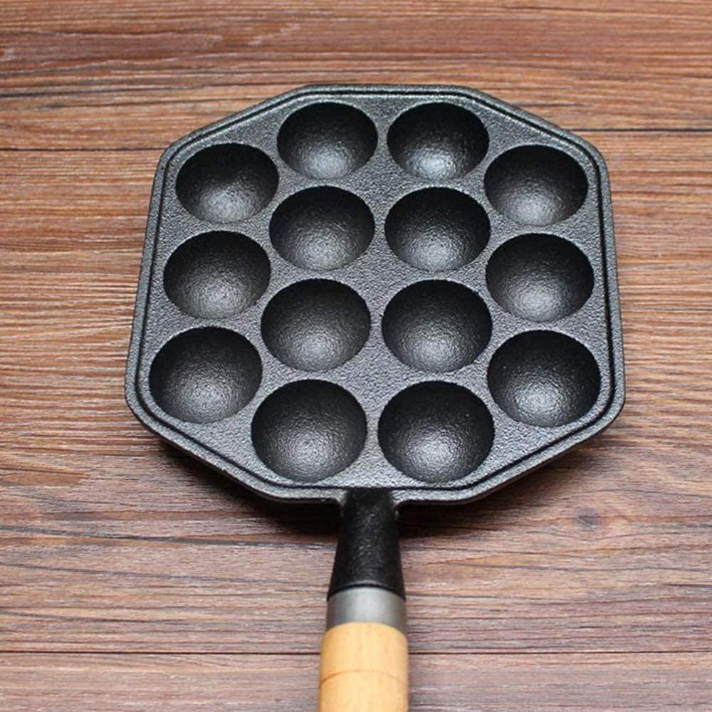 Patelnia do naleśników, nieprzywierająca patelnia grillowa Takoyaki z drewnianym uchwytem, konstrukcja z 14 otworami do gotowania w domu