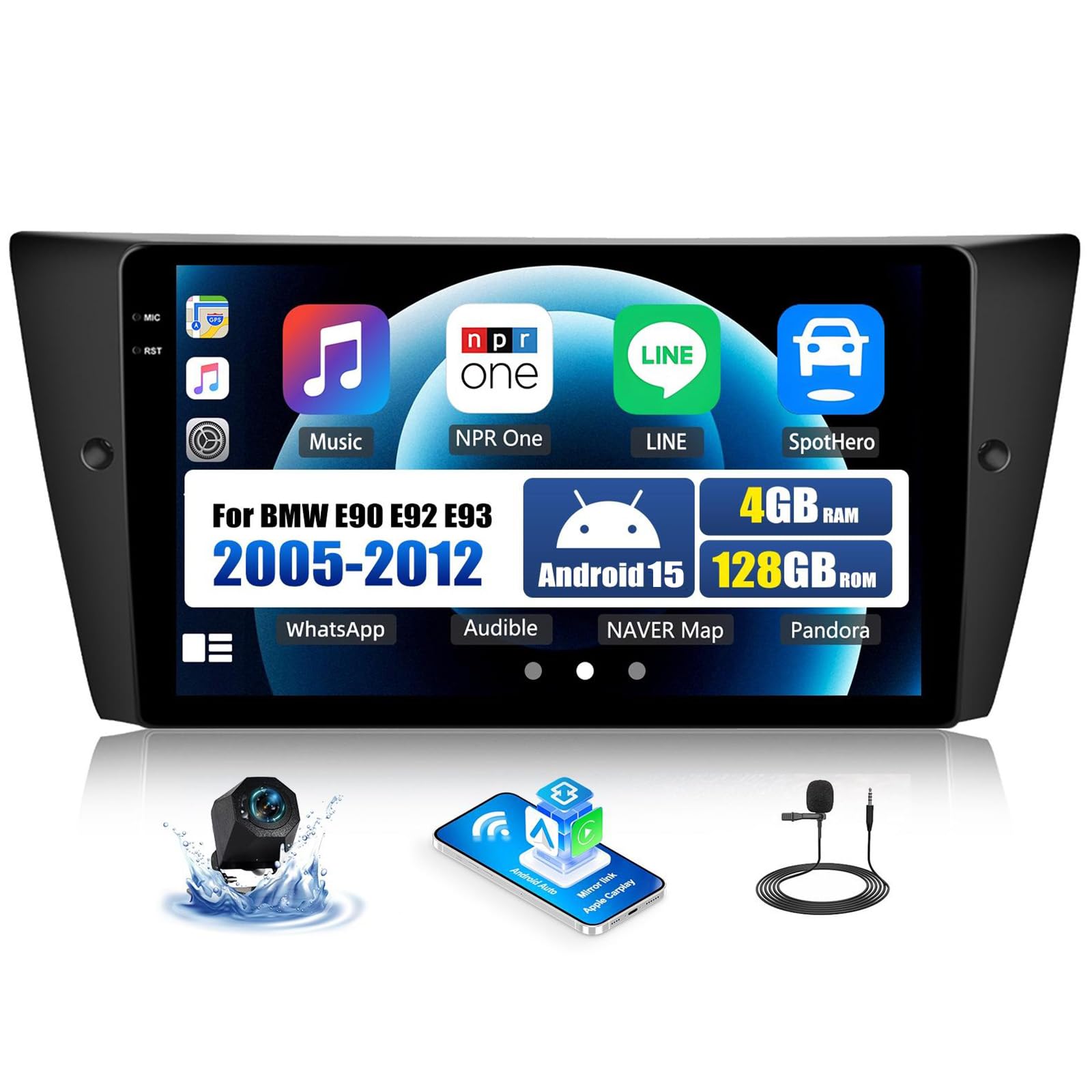 CAMECHO Radio samochodowe 4 + 128 G 9 cali z systemem Android 13 do BMW E90 E92 E93 2005-2012 z kamerą cofania, nawigacją radiową Bluetooth z bezprzewodowym Carplay, Android Auto GPS, WiFi FM/RDS