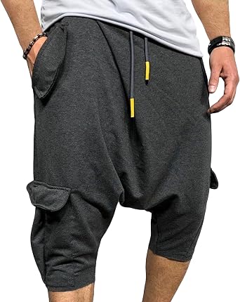 Mens Baggy Low Crotch 3/4 Joggers Hippie Harem Jogger Capri Pants Multi Pockets Drop Crotch Yoga Sweatpants