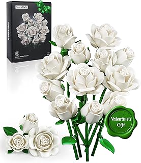 iATOM White Rose Bouquet Building Set, 12Pcs Wedding Flower Botanical Co...