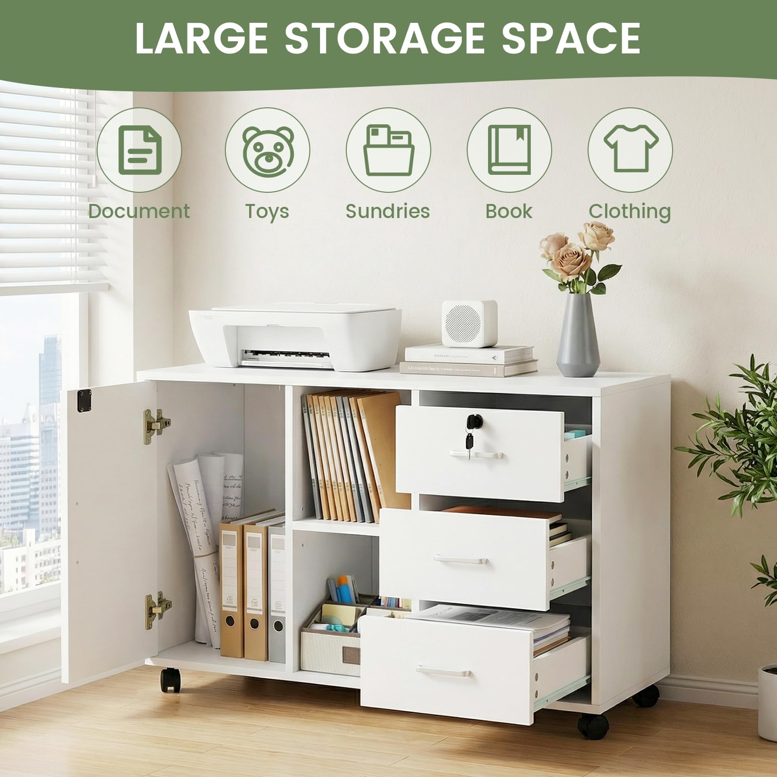Caisson de Rangement, Meuble Bureau à 4 roulettes, 3 Tiroirs, 2 Compartiments Ouverts à Étagères Réglables,Verrouillable Armoire sous Bureau pour Papier Administratif, Imprimante,Salon,Blanc