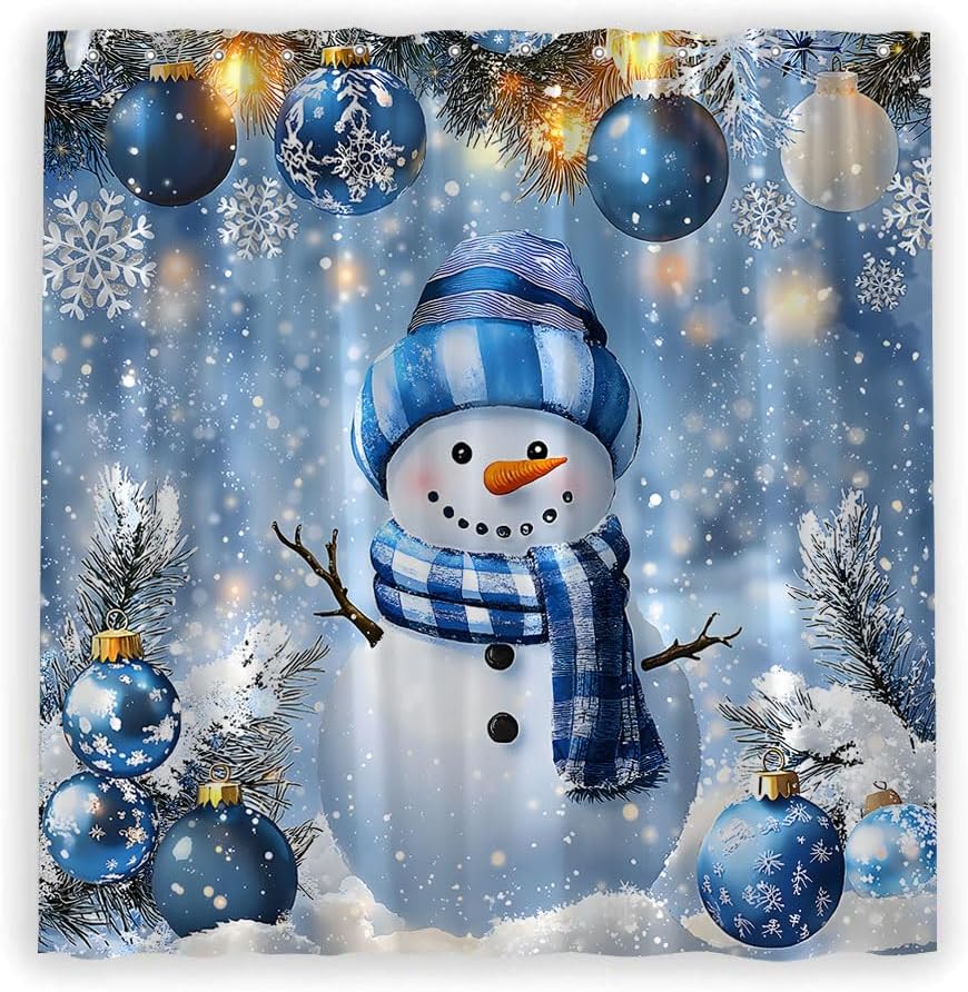 Christmas Snowman Shower Curtain Blue Xmas Ball Winter Snowflakes Cute Snowmen New Year Snowy Landscape Holiday Polyester Fabric Bathroom Curtain with Hooks