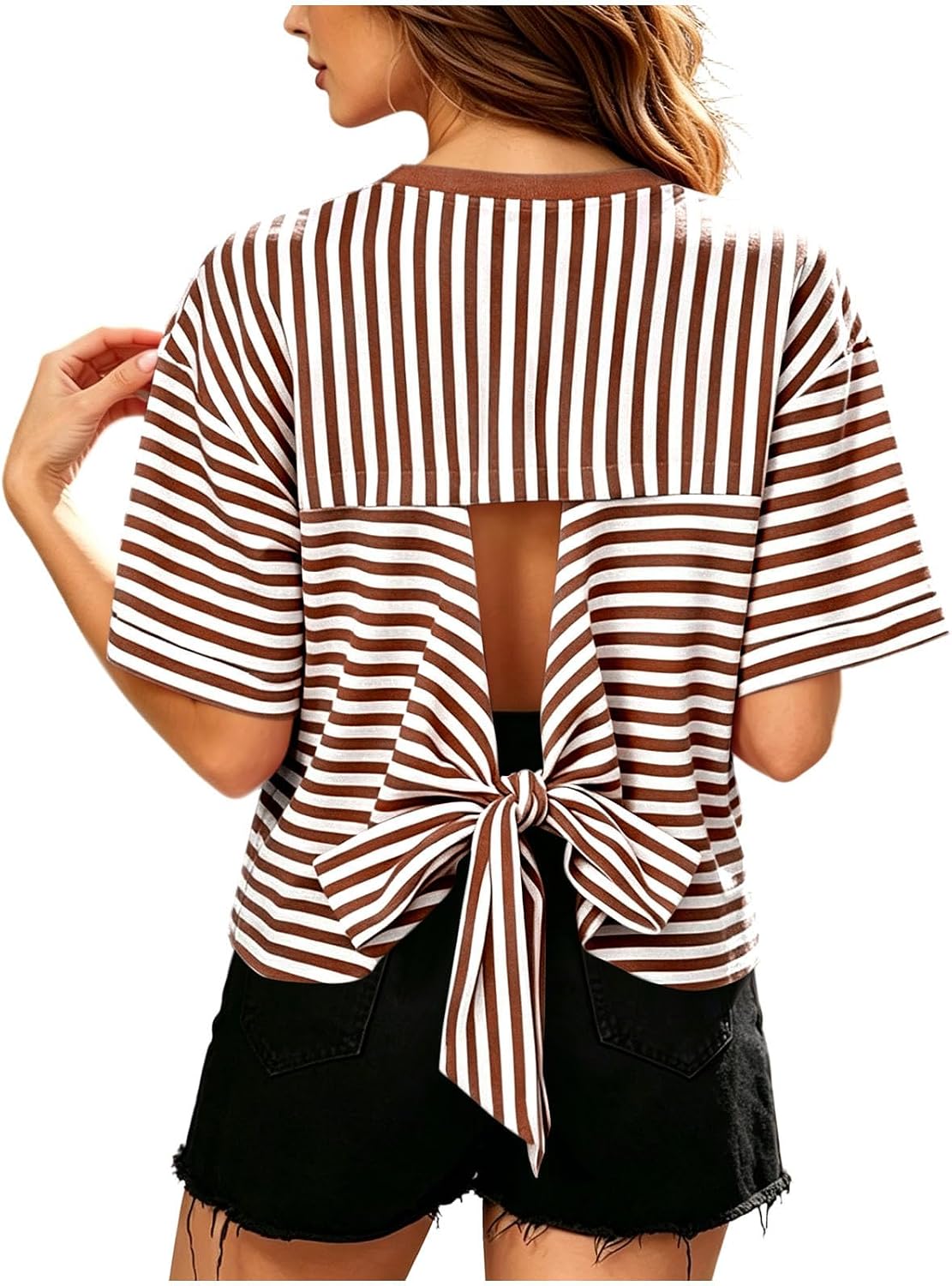 Striped Tie Back Short Sleeve T Shirts for Women Casual Loose Fit Summer Vacation Tees Plus Size Lightweight Tops